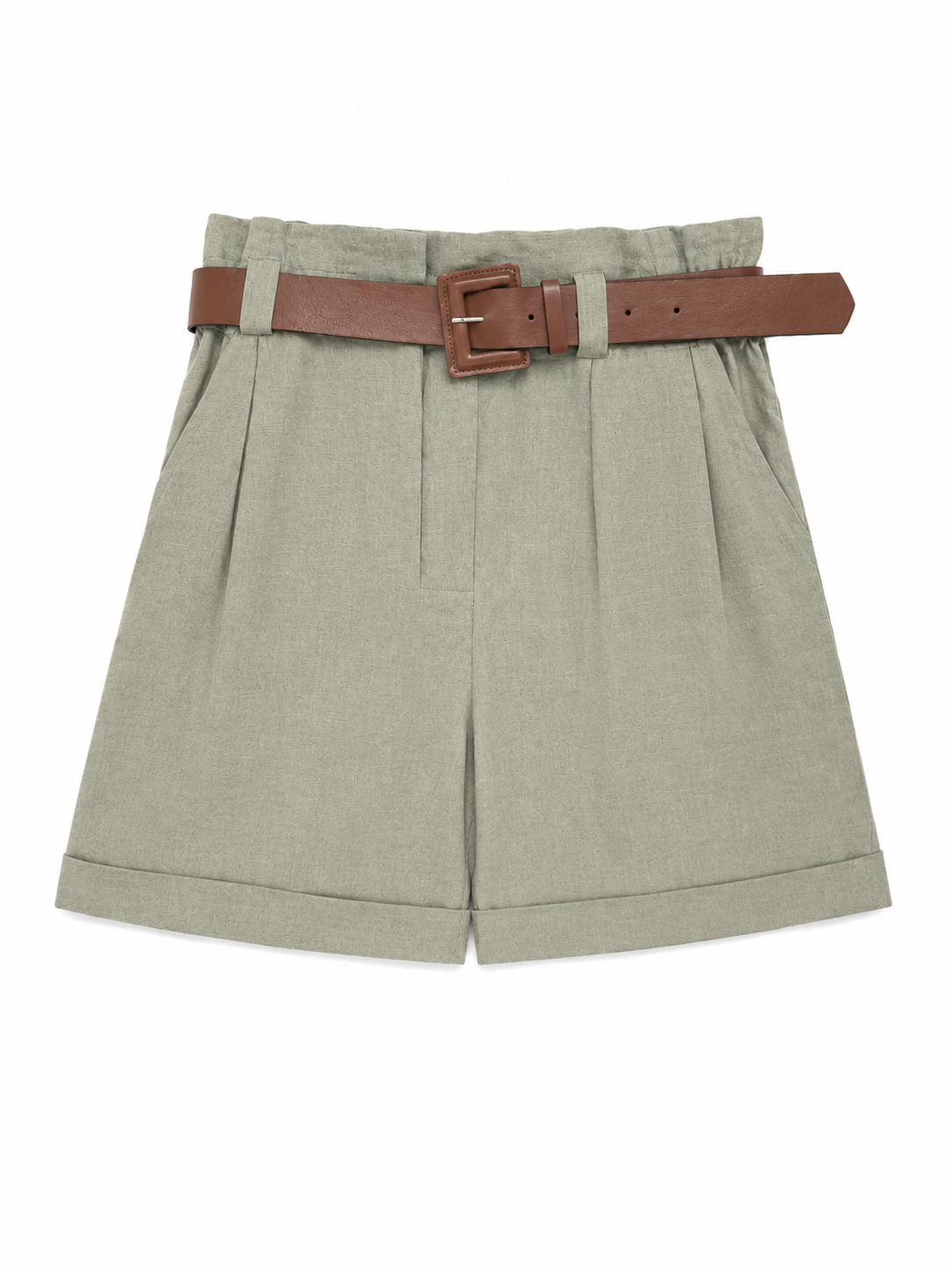 Nişantaşı Butik YÜKSEK BEL KEMERLİ KETEN ŞORT HAKİ