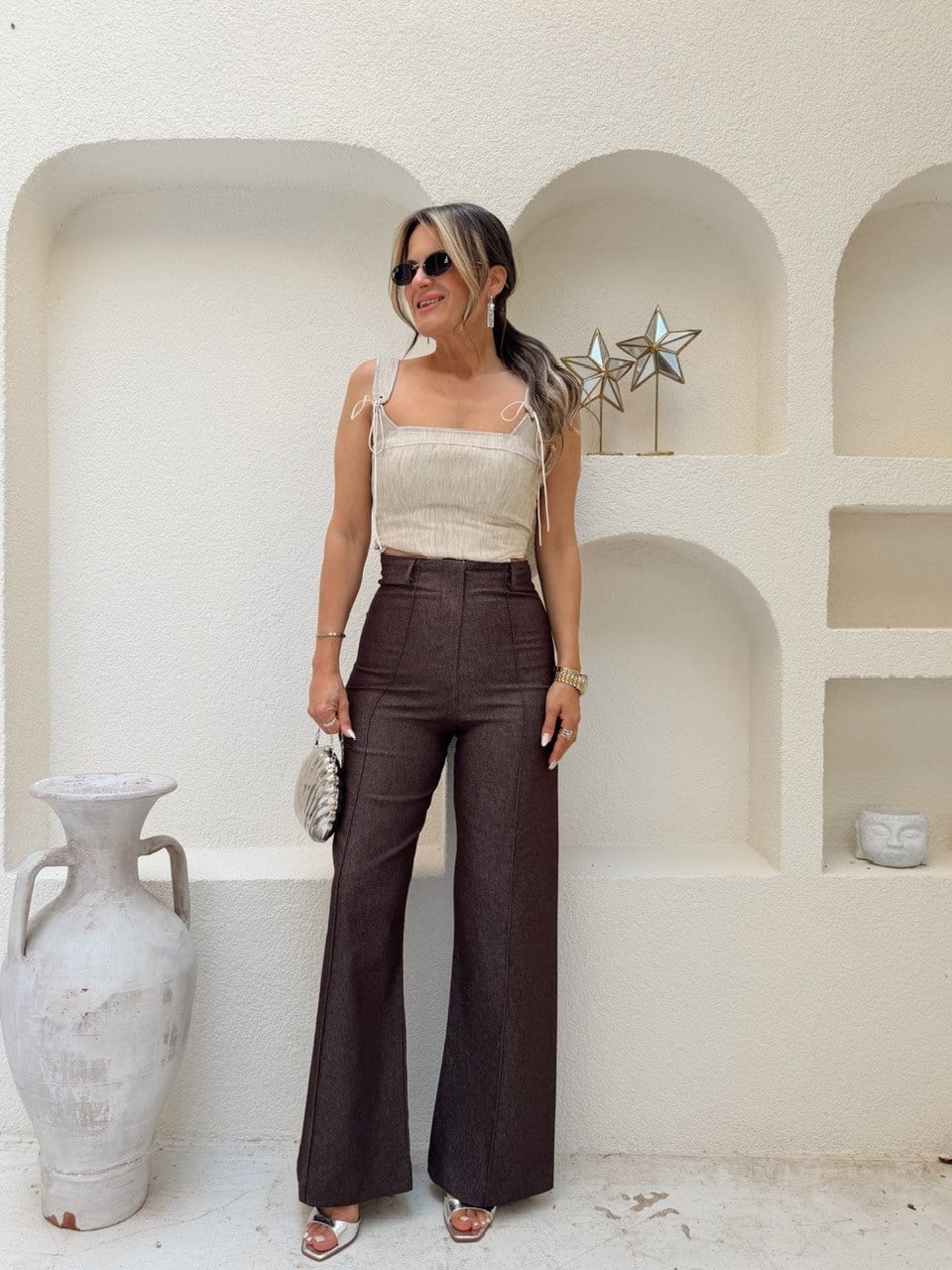 Nişantaşı Butik YÜKSEK BEL KONTRAST LİKRALI PANTOLON KAHVERENGİ