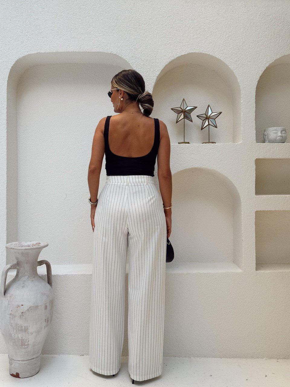 Nişantaşı Butik YÜKSEL BEL SOFT SİYAH ÇİZGİLİ PANTOLON