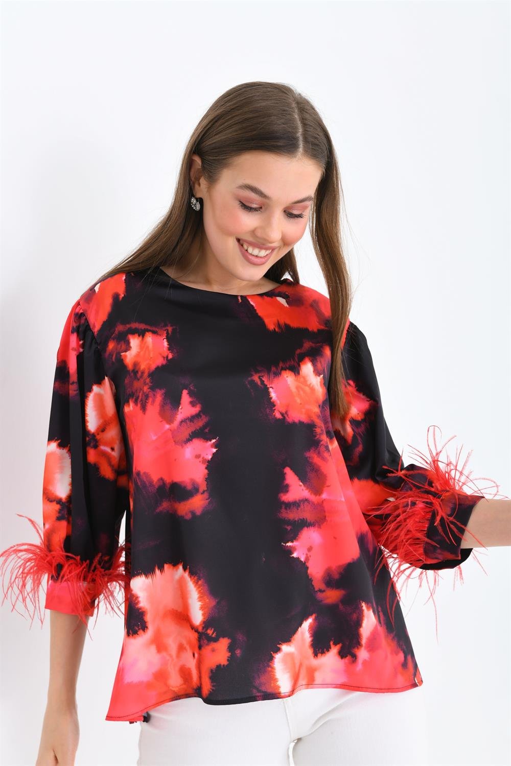 Bayan Tüğlü Saten Bluz KIRMIZI