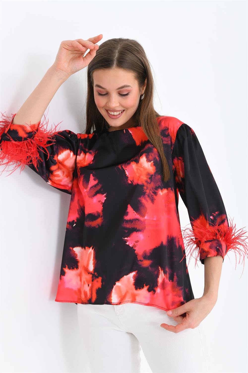 Bayan Tüğlü Saten Bluz KIRMIZI