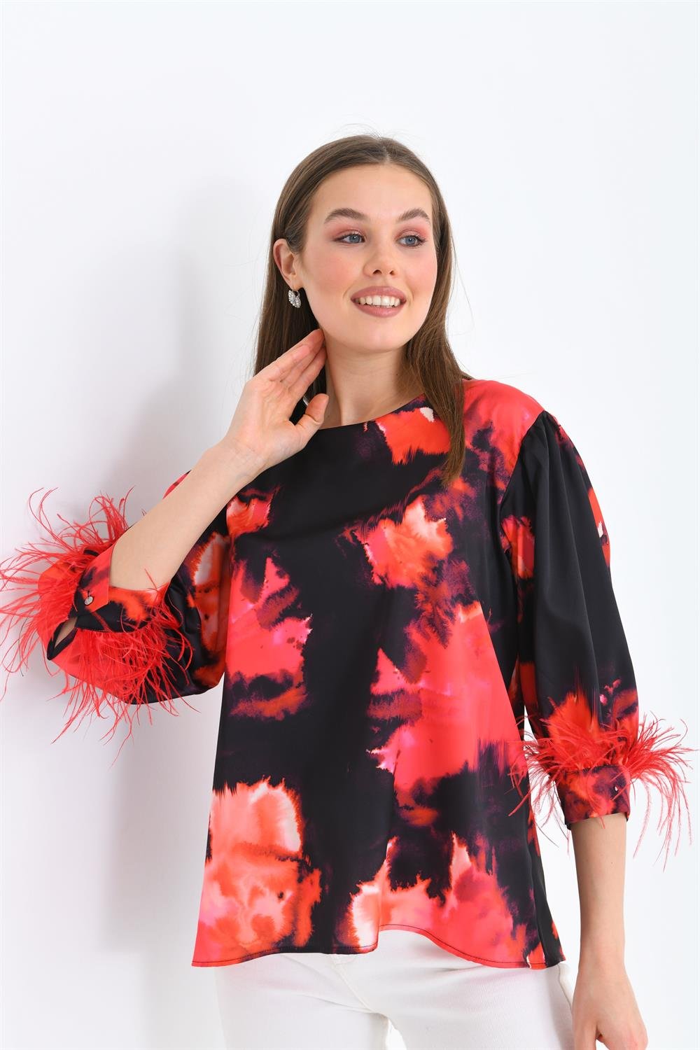 Bayan Tüğlü Saten Bluz KIRMIZI