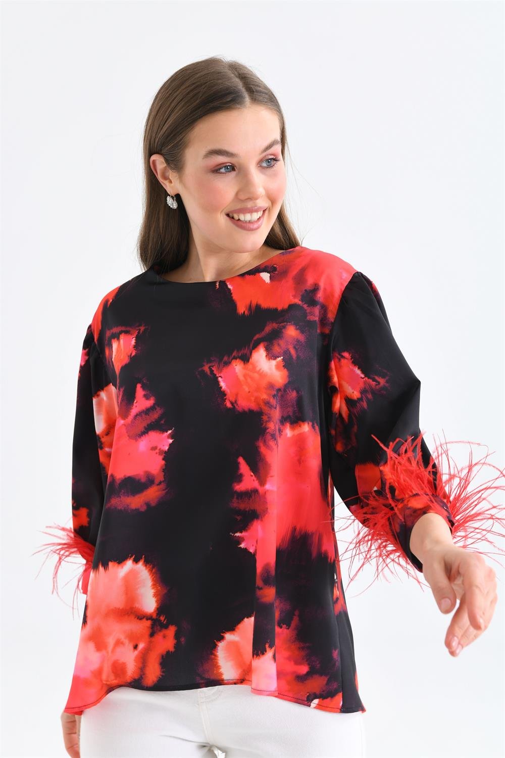 Bayan Tüğlü Saten Bluz KIRMIZI