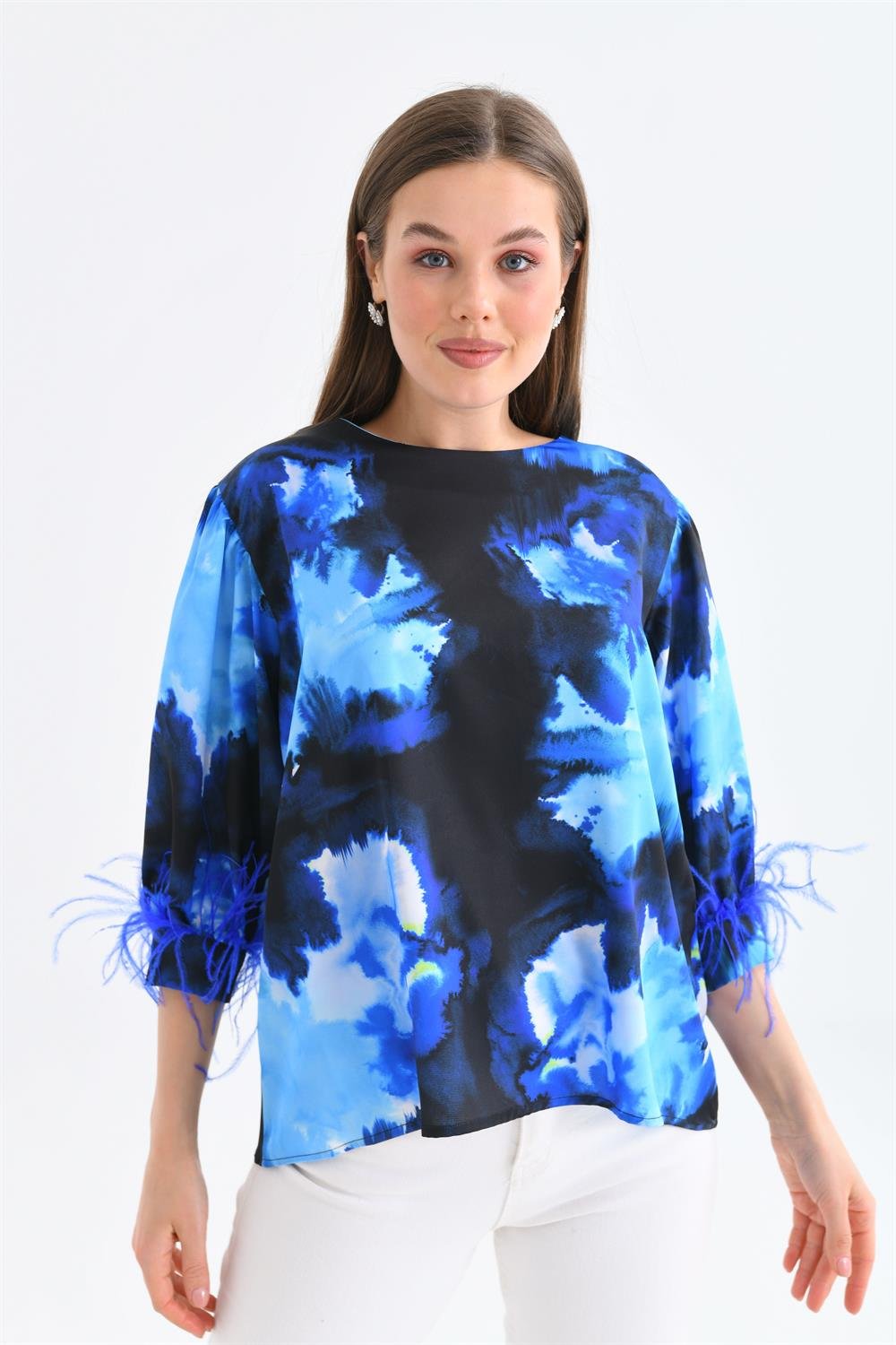 Bayan Tüğlü Saten Bluz SAKS MAVİ