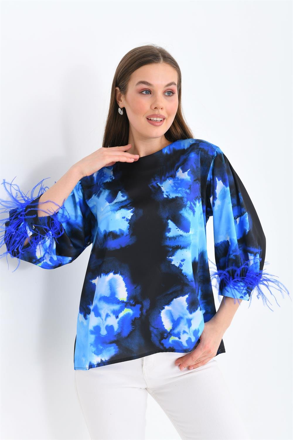 Bayan Tüğlü Saten Bluz SAKS MAVİ