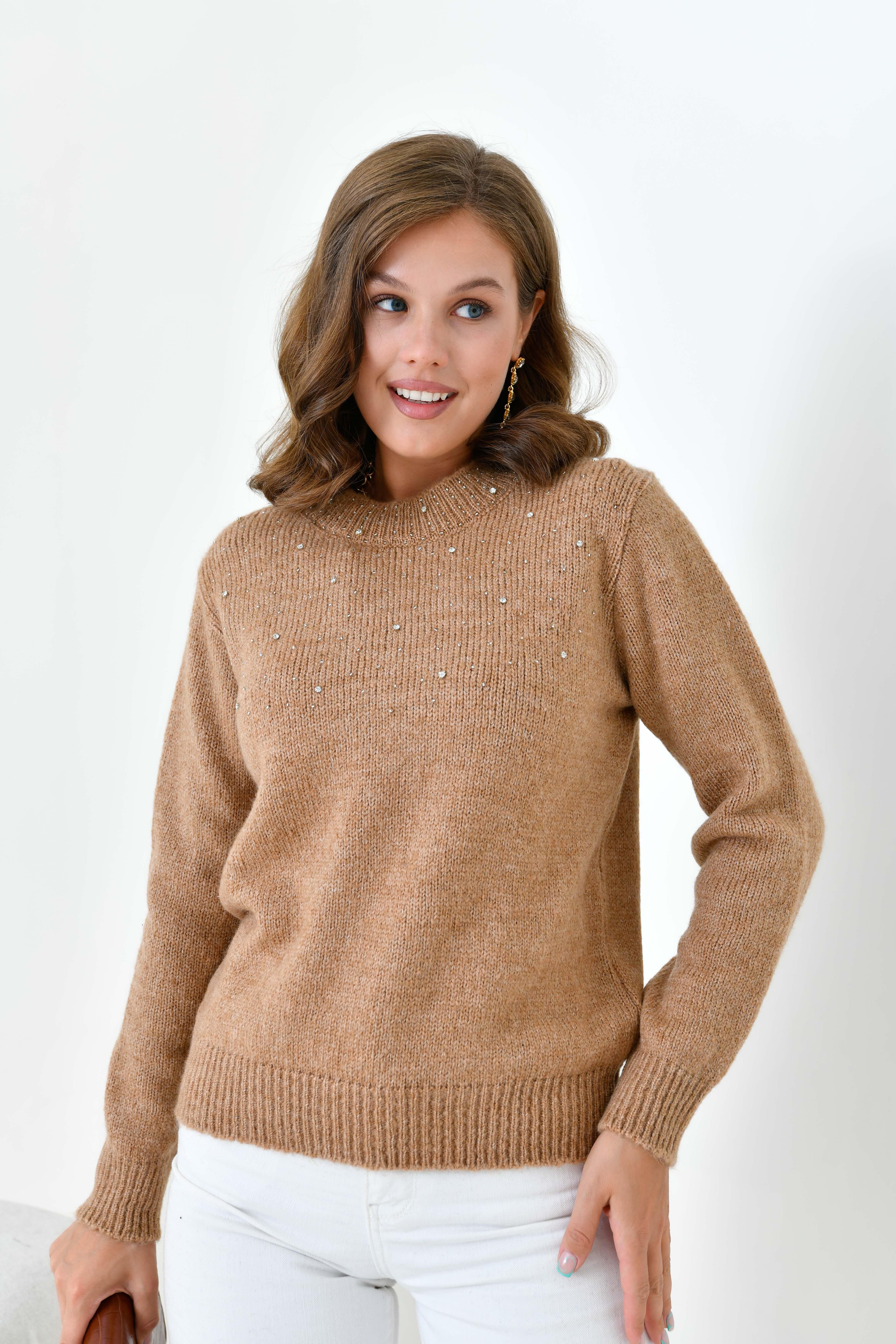 Ftz Kadın Boncuk İşlemeli Kazak Bisküvi 20741