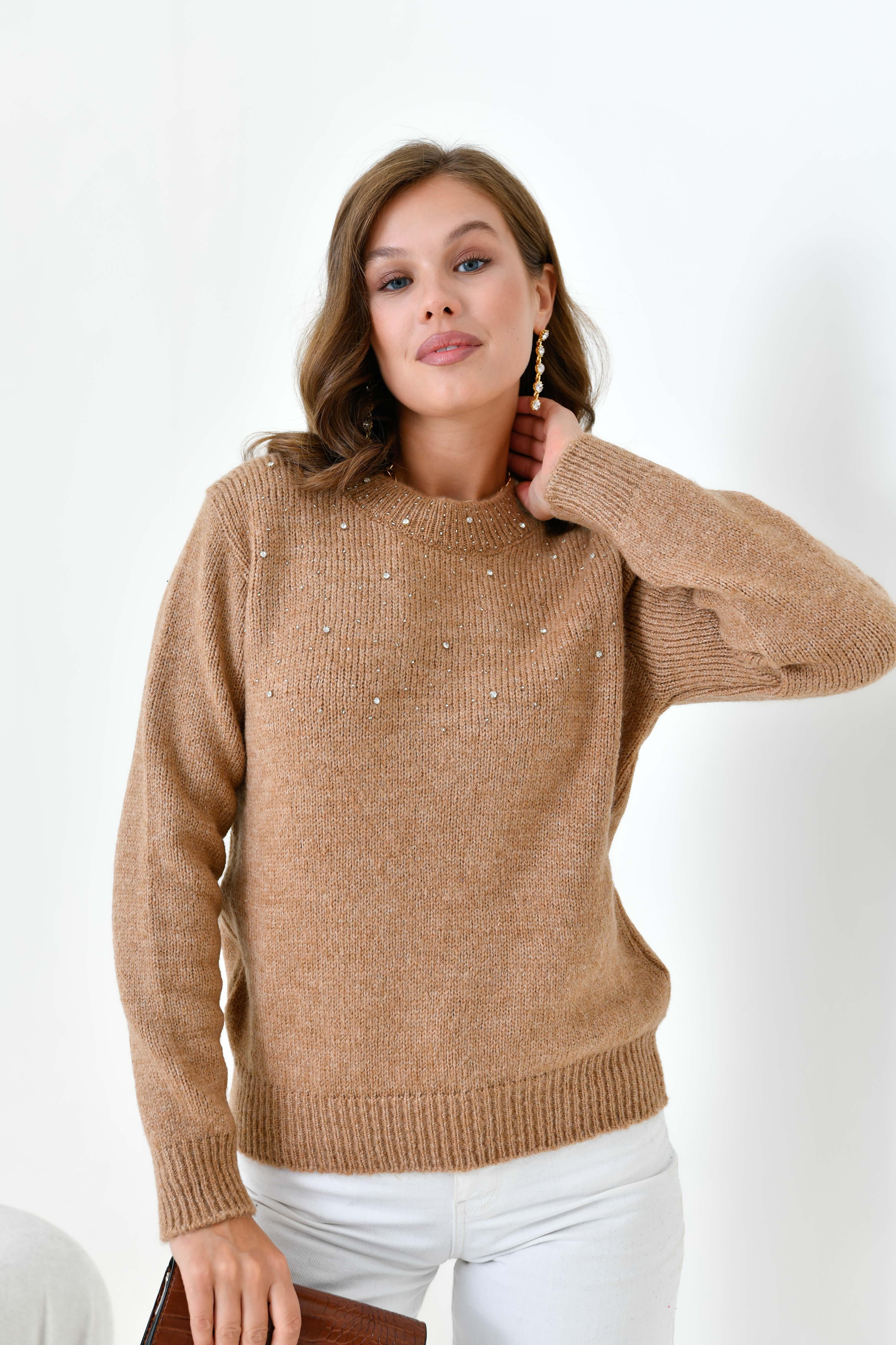 Ftz Kadın Boncuk İşlemeli Kazak Bisküvi 20741