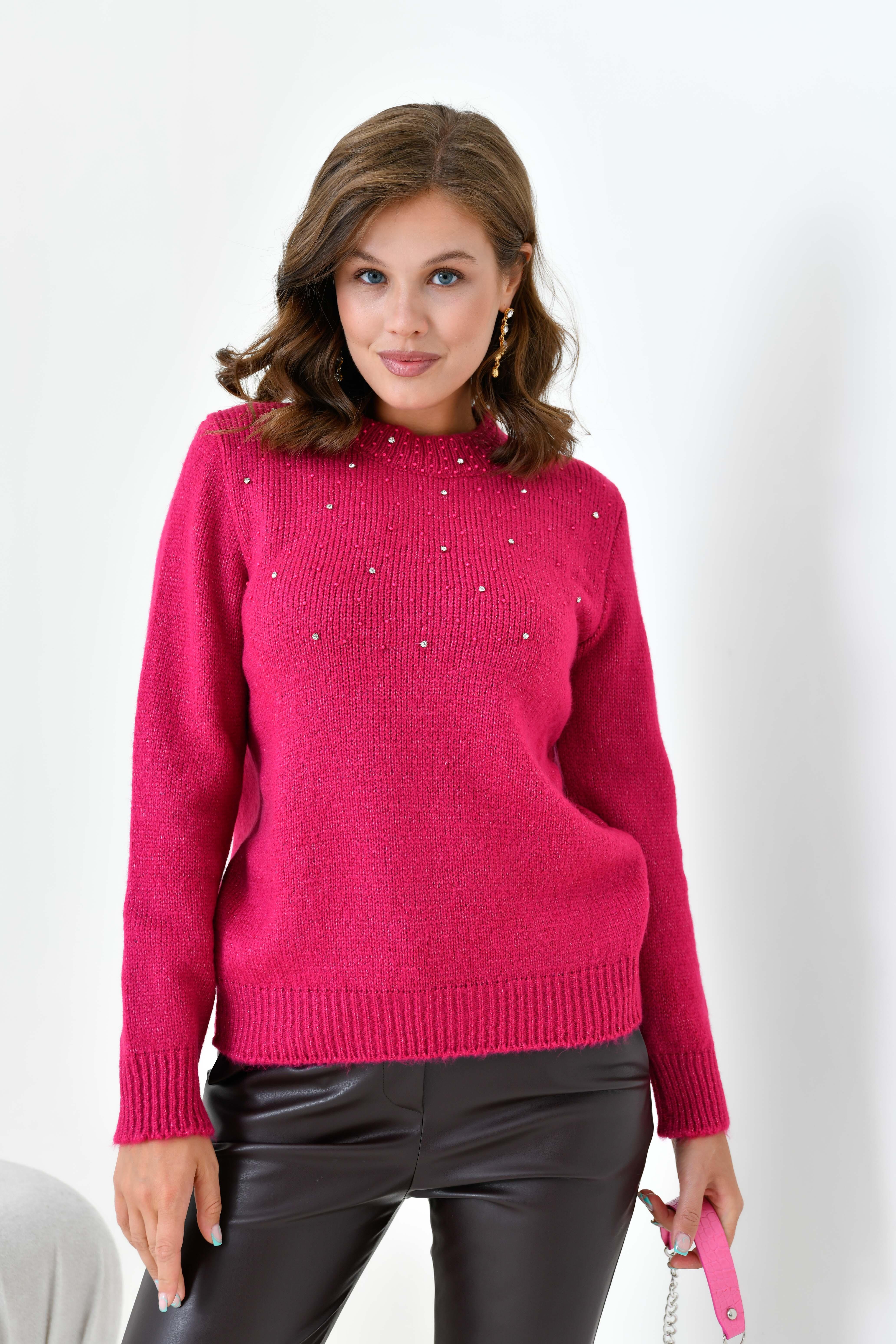 Ftz Kadın Boncuk İşlemeli Kazak Fuşya 20741