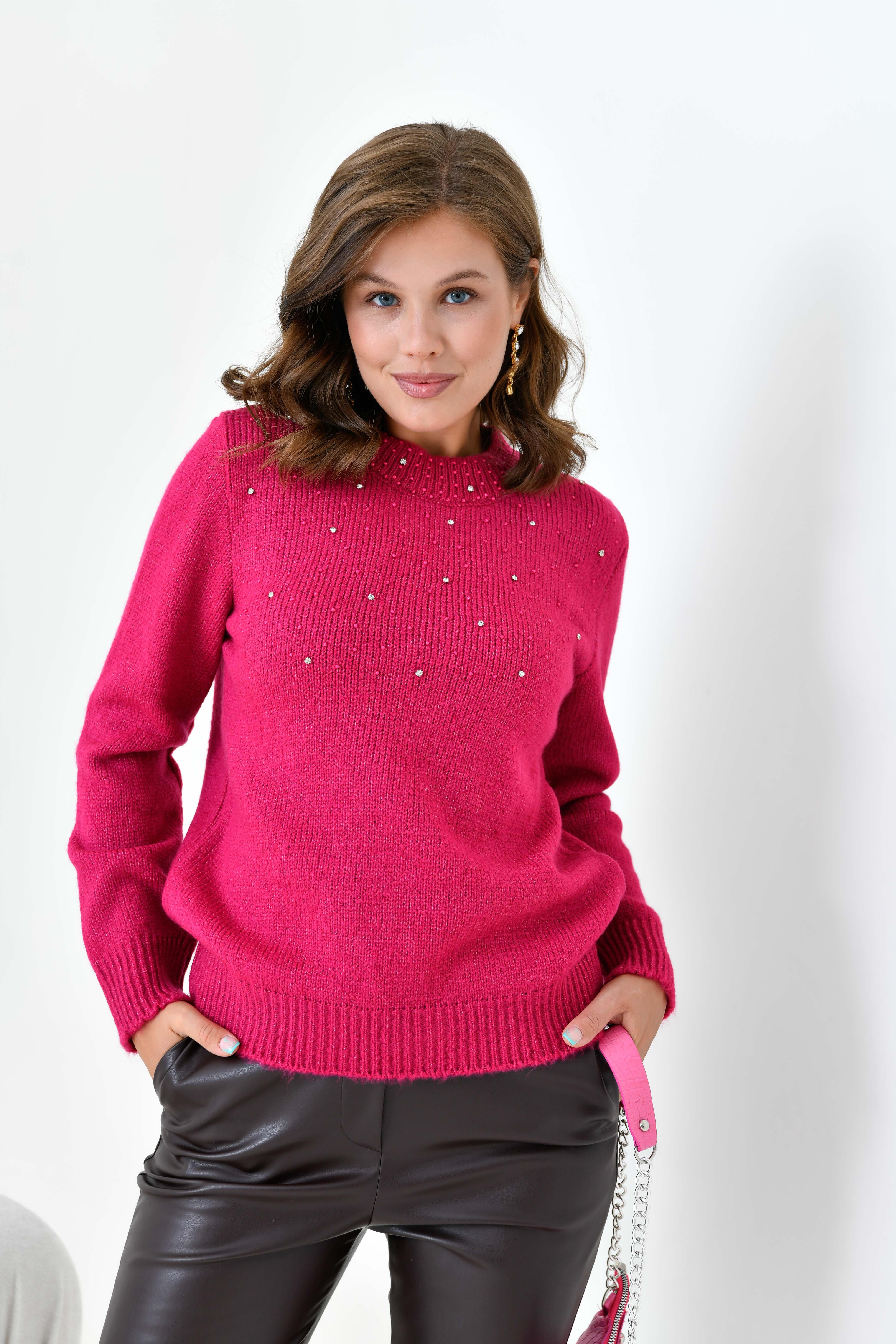 Ftz Kadın Boncuk İşlemeli Kazak Fuşya 20741