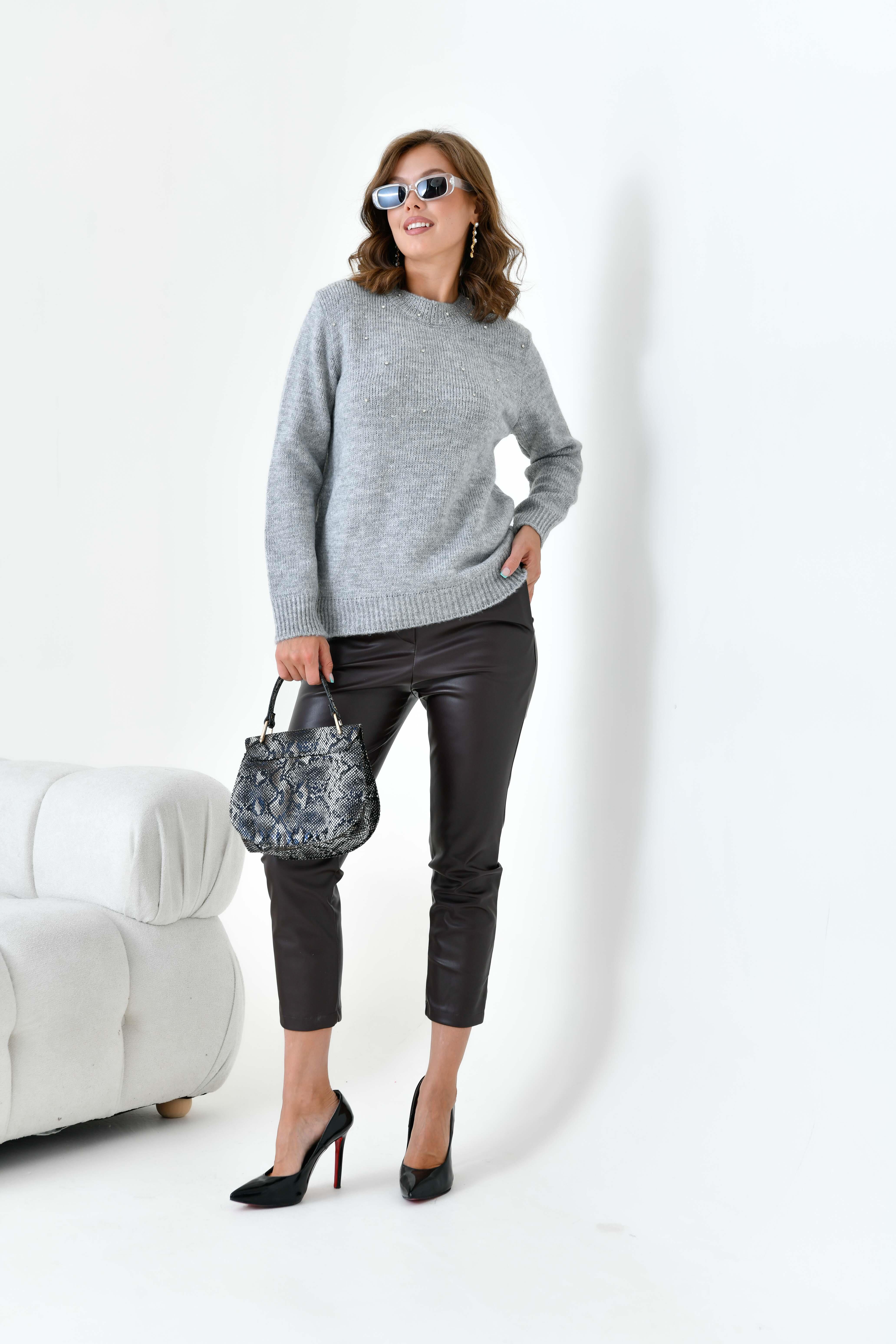 Ftz Kadın Boncuk İşlemeli Kazak Gri 20741