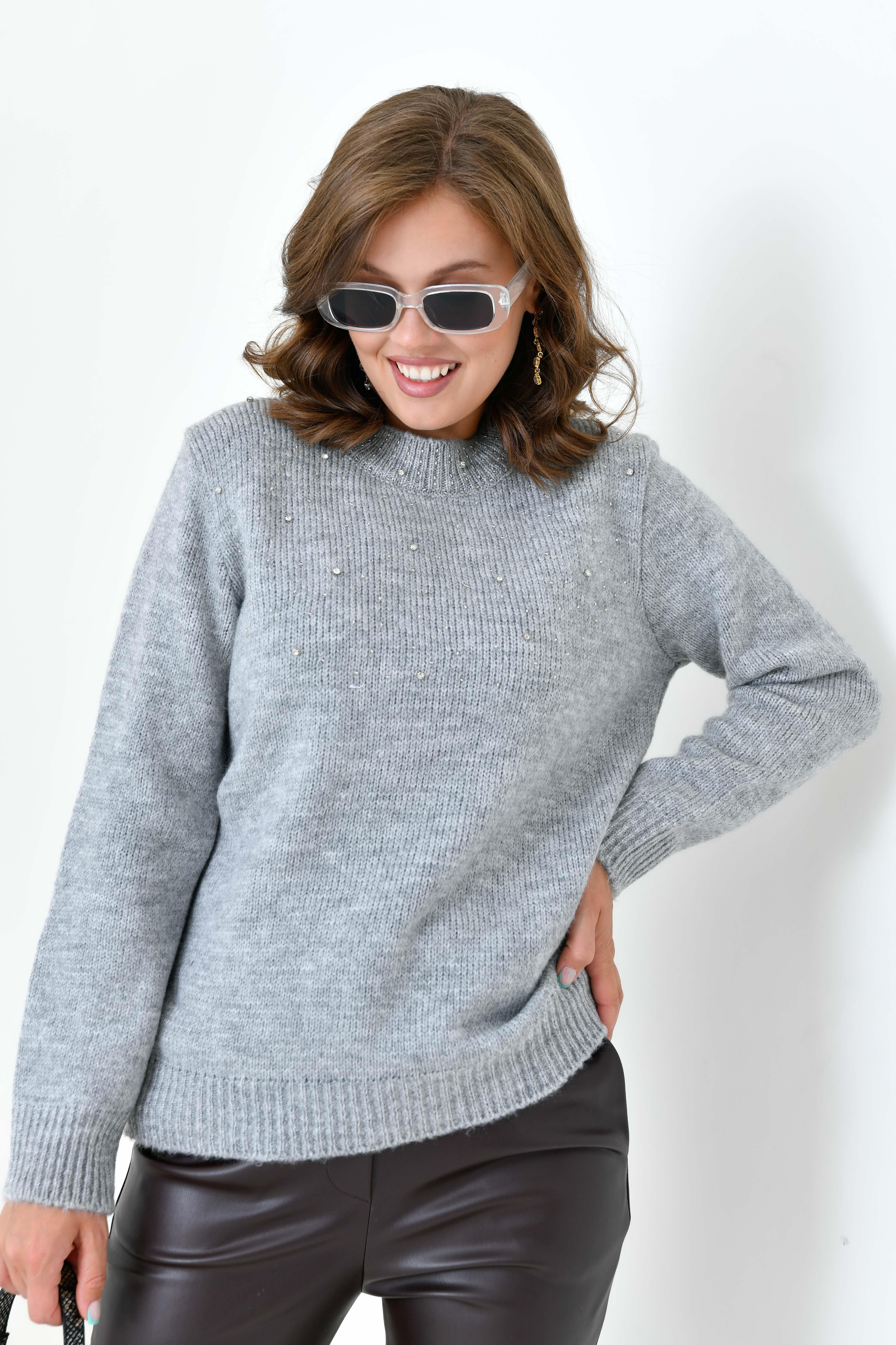 Ftz Kadın Boncuk İşlemeli Kazak Gri 20741