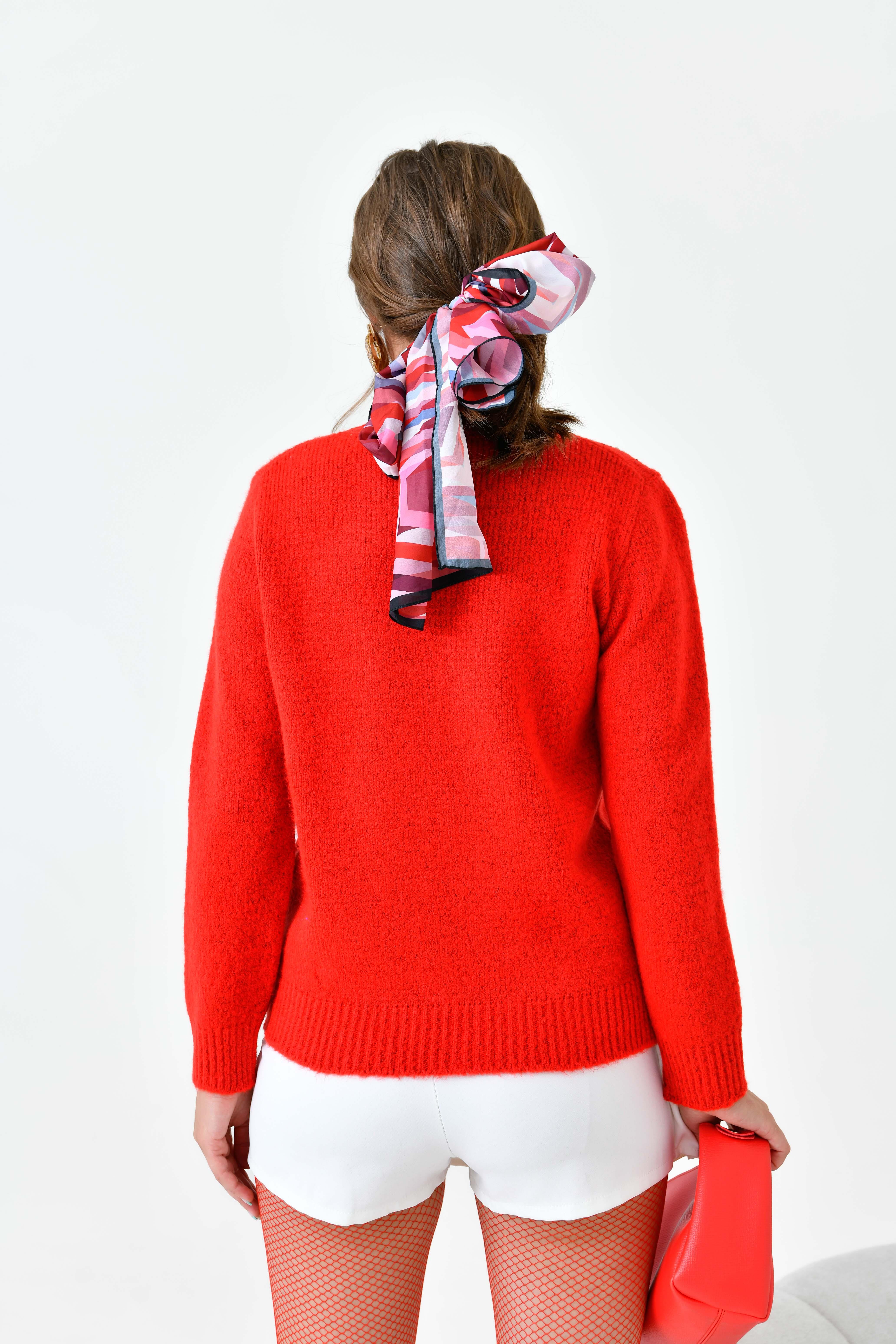 Ftz Kadın Boncuk İşlemeli Kazak Kırmızı 20741