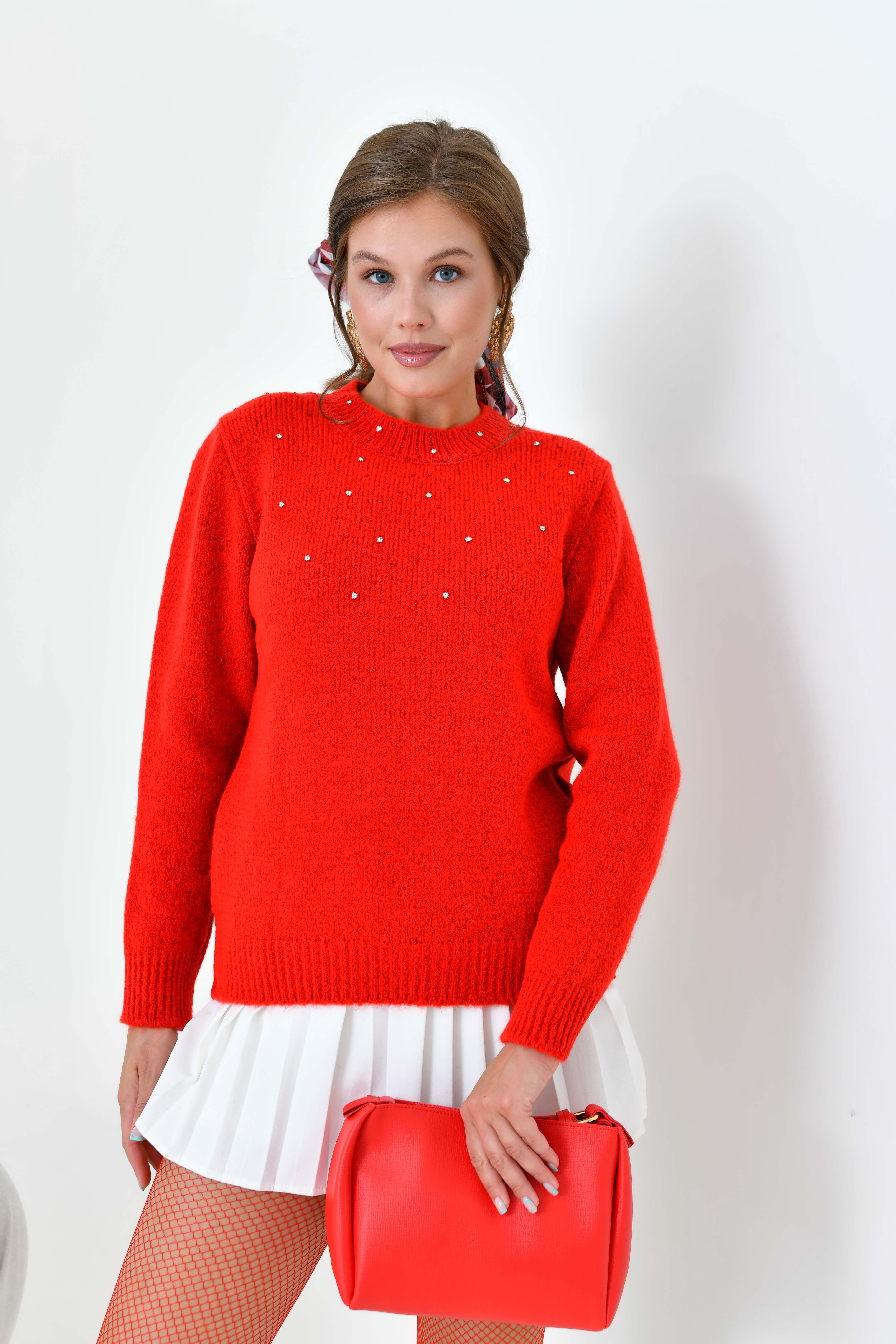 Ftz Kadın Boncuk İşlemeli Kazak Kırmızı 20741