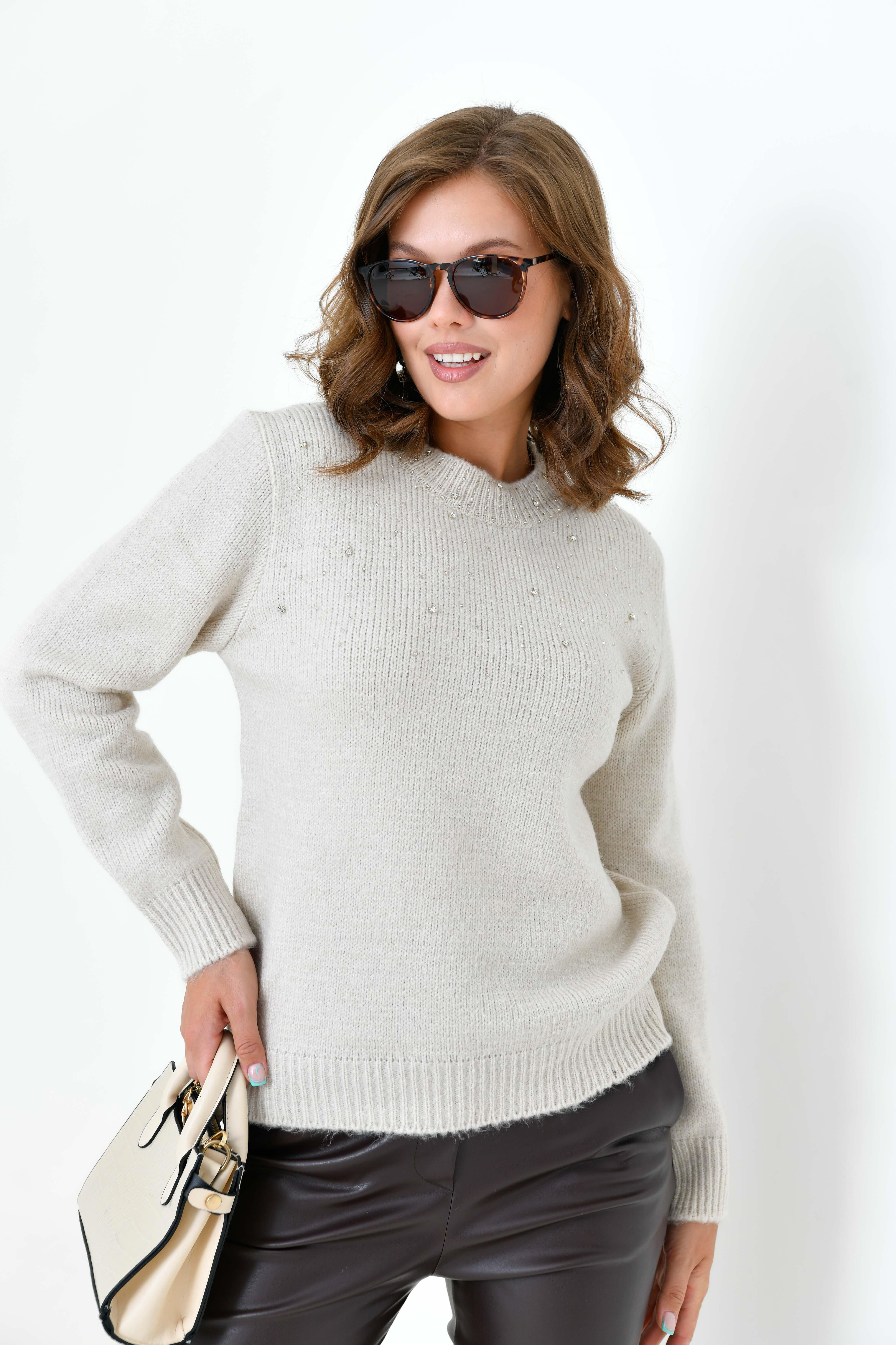 Ftz Kadın Boncuk İşlemeli Kazak Taş 20741