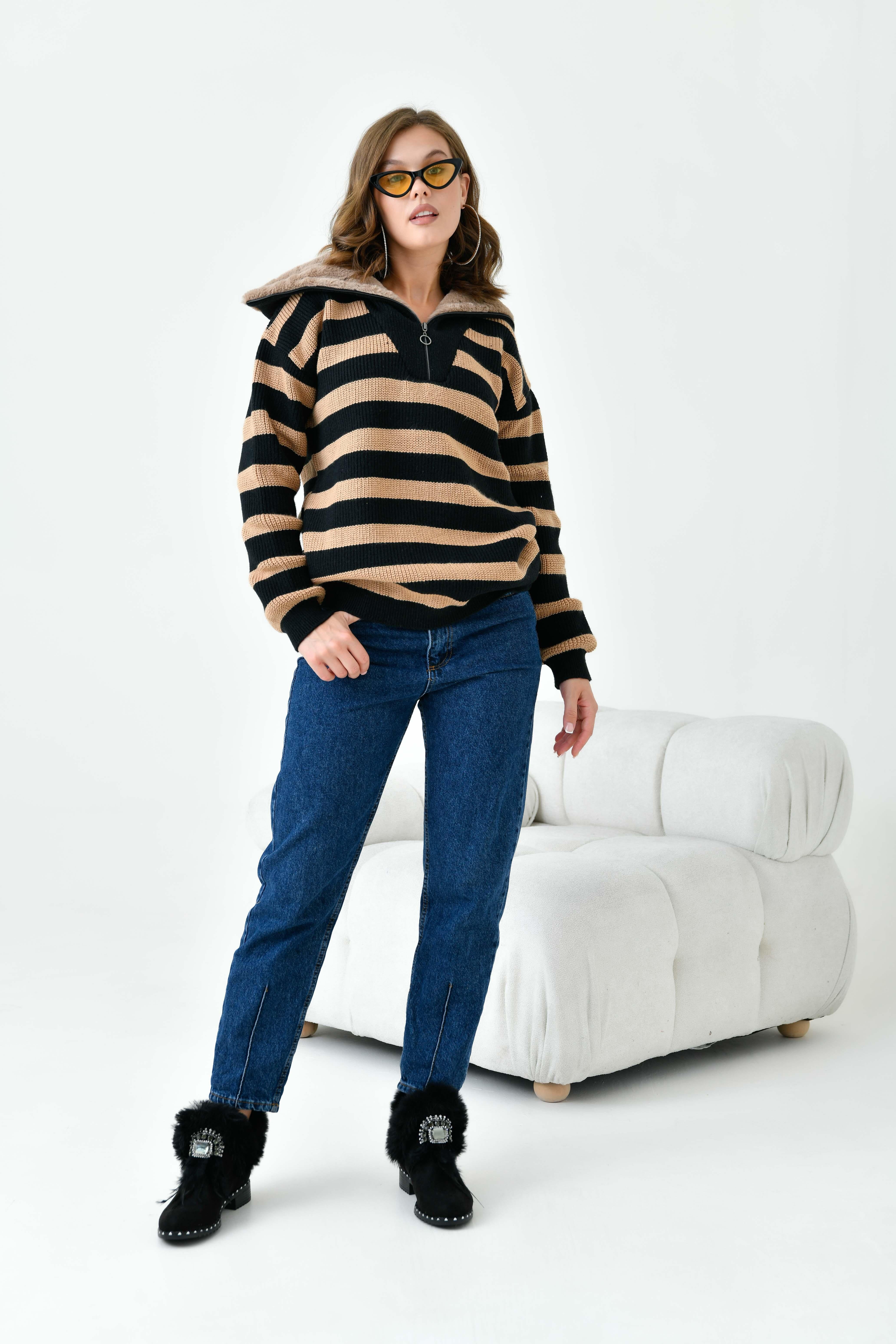 Ftz  Kadın Çizgi Detaylı Kazak Siyah 20726