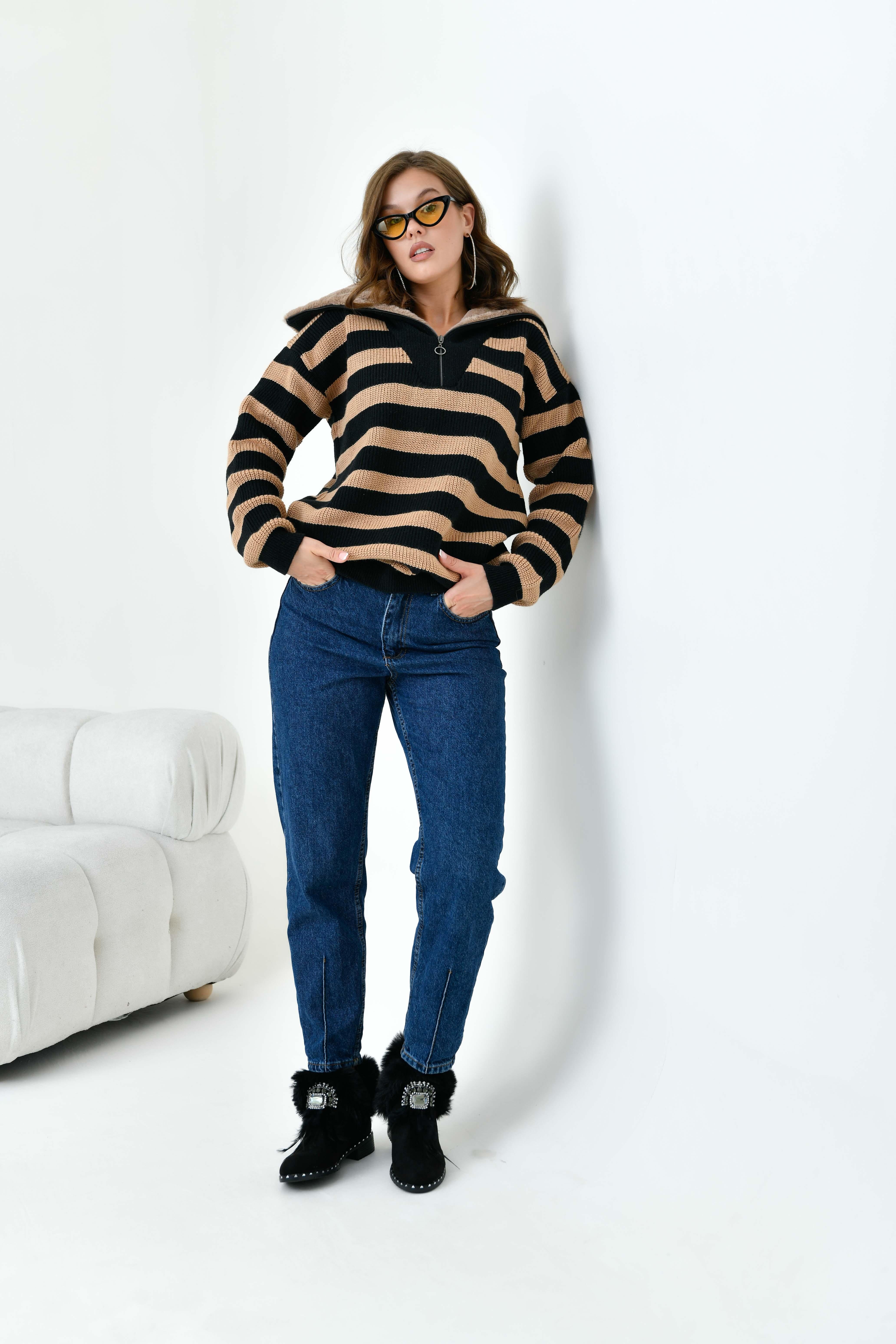 Ftz  Kadın Çizgi Detaylı Kazak Siyah 20726