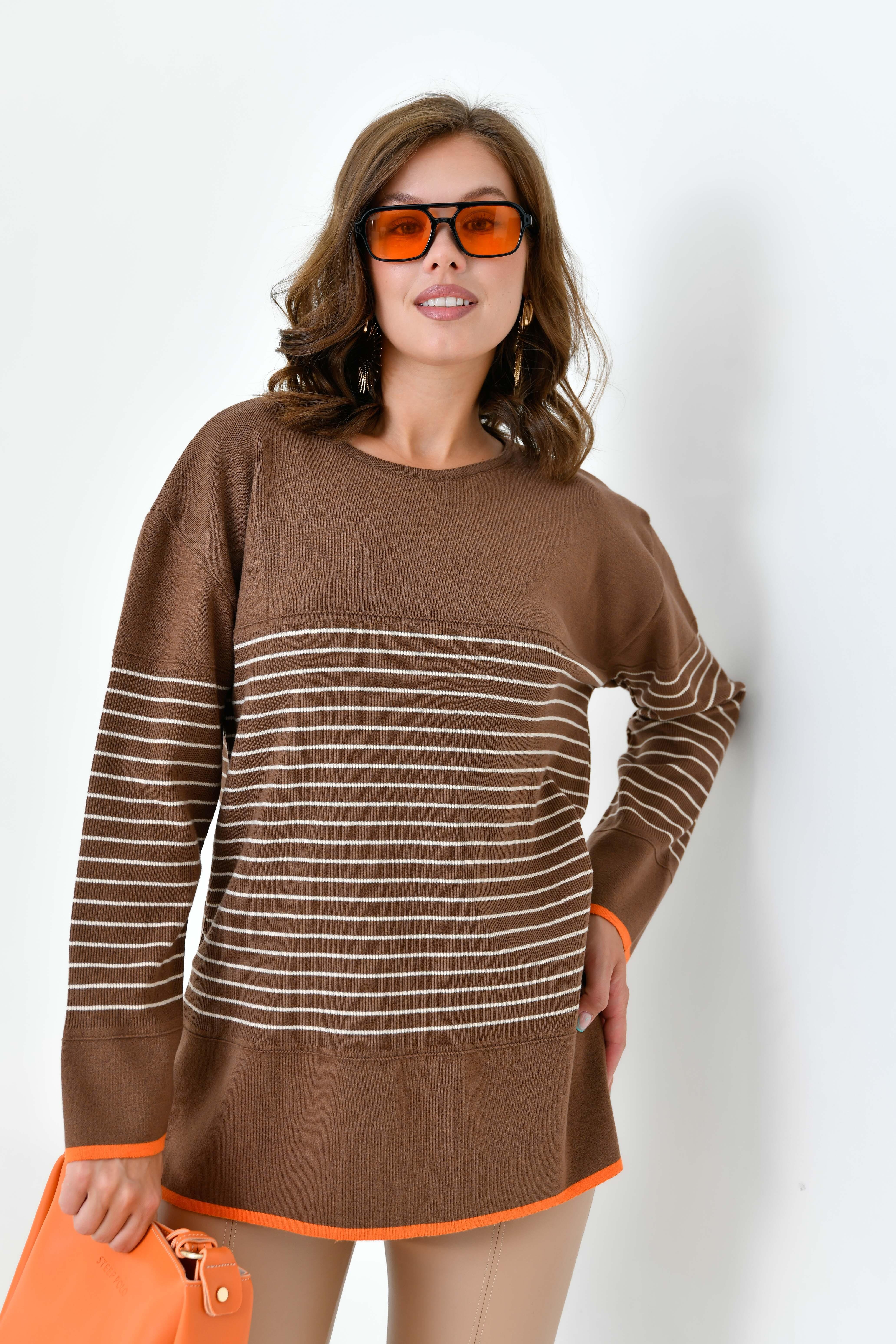 Ftz Kadın Çizgili Kazak Kahve 20841