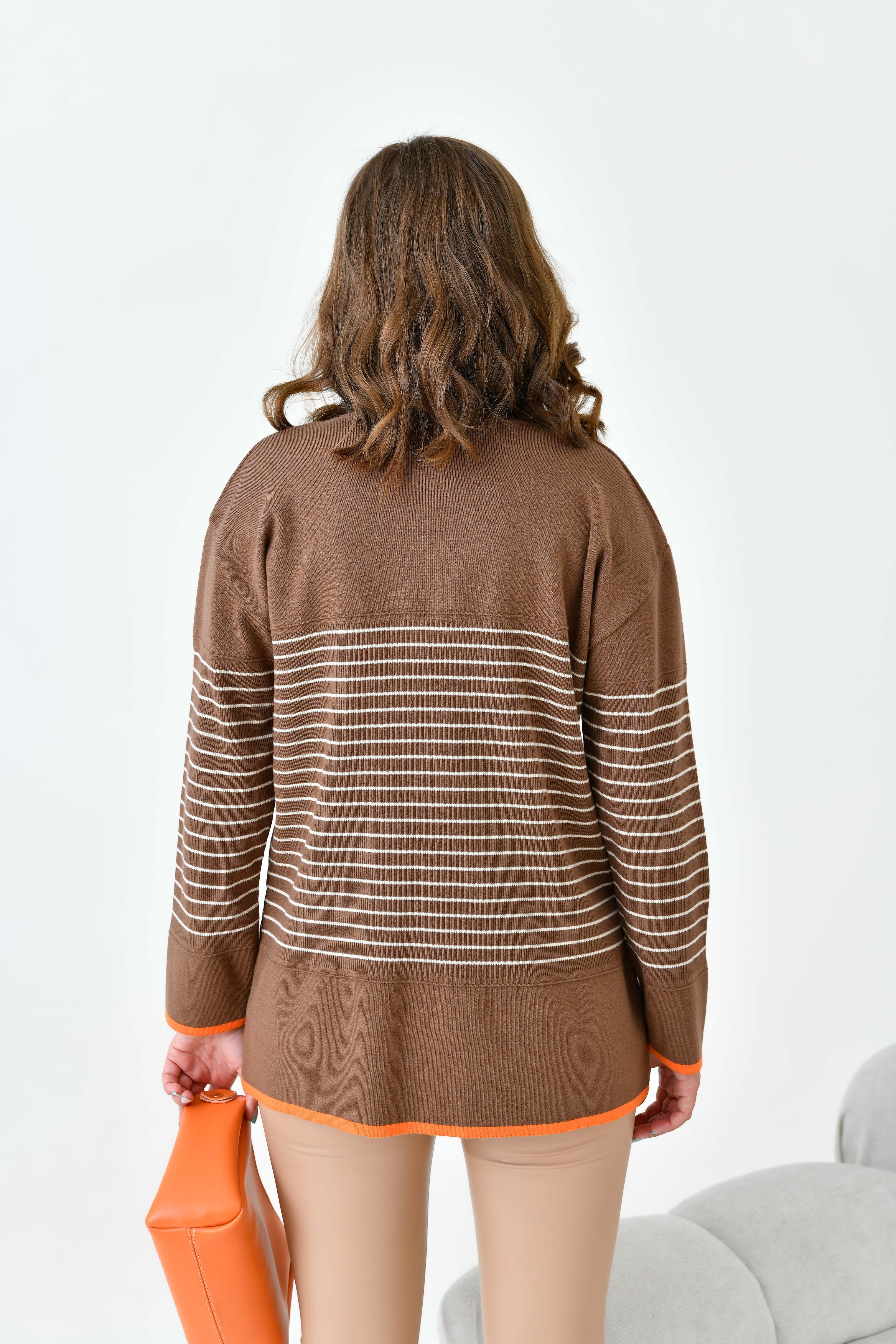 Ftz Kadın Çizgili Kazak Kahve 20841