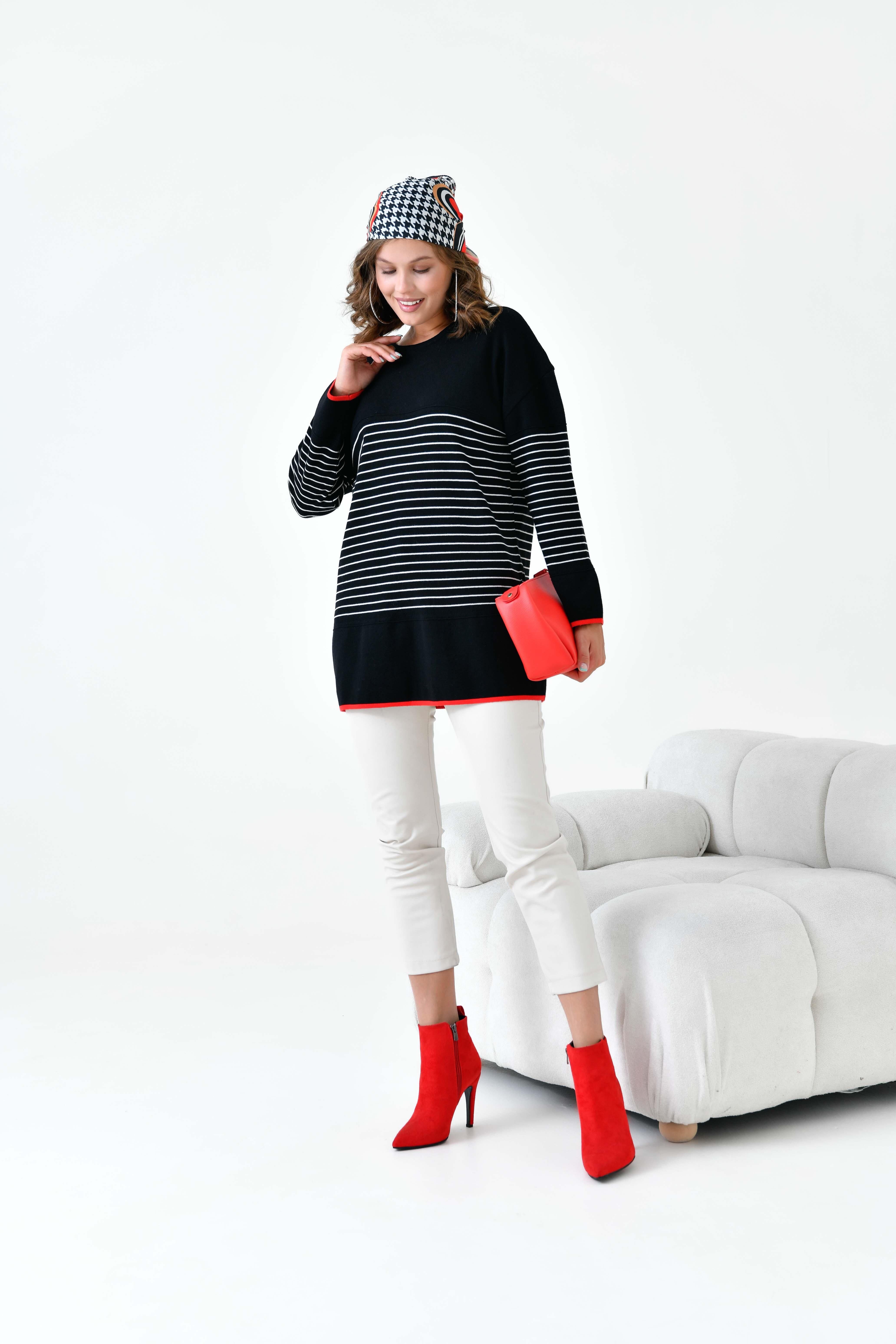 Ftz Kadın Çizgili Kazak Siyah 20841