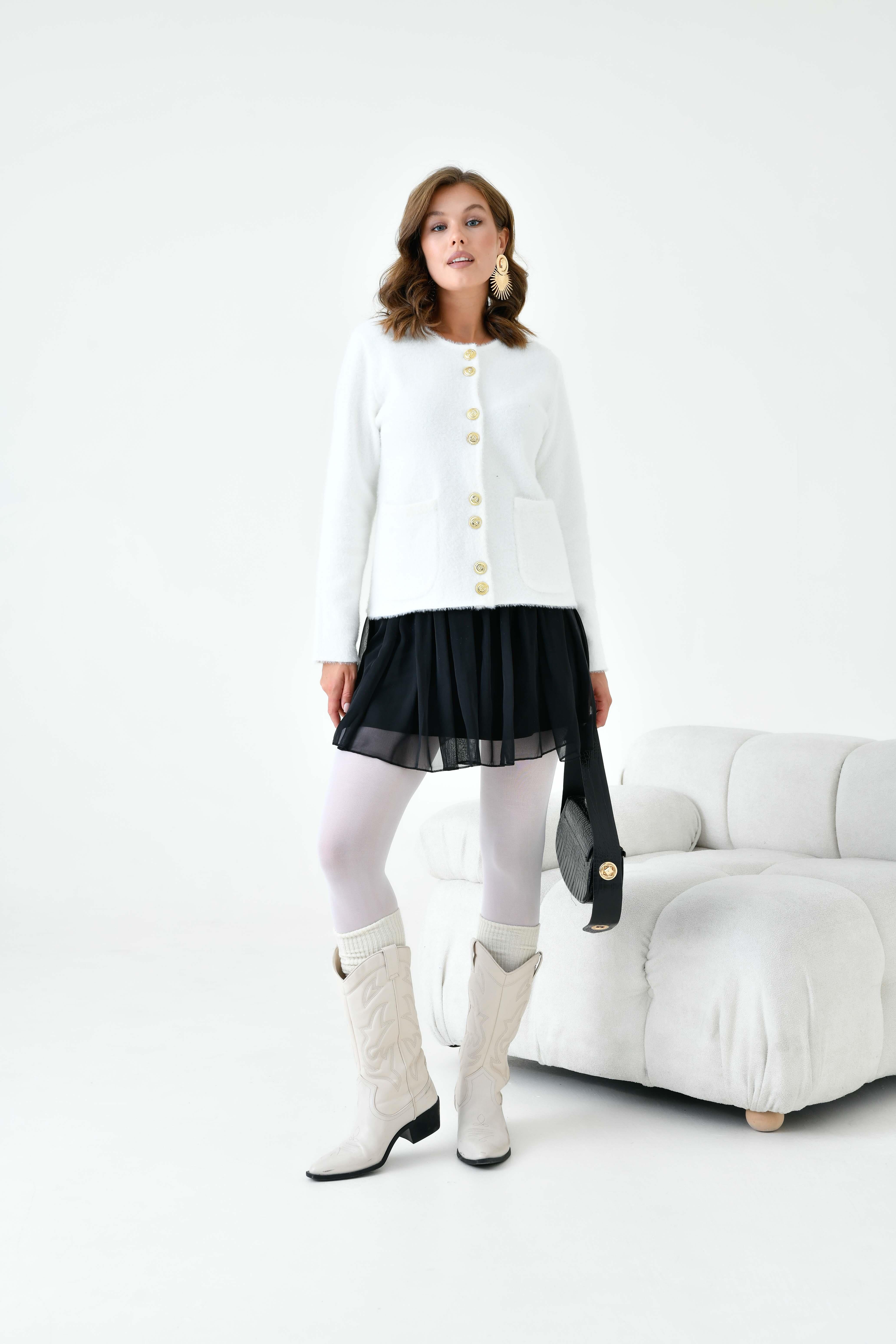 Ftz Kadın Düğme Detaylı Sakal Hırka Ekru 20843