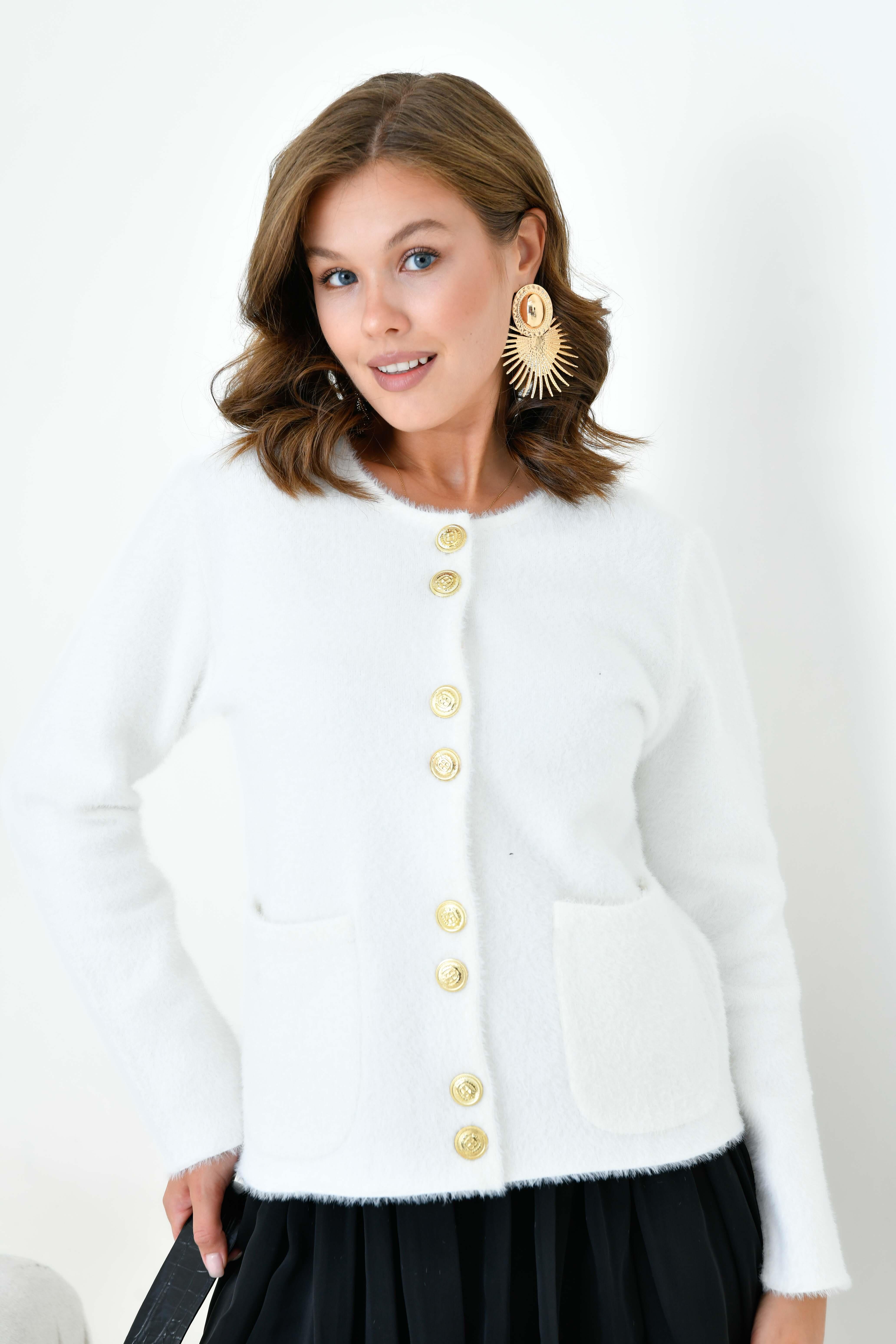 Ftz Kadın Düğme Detaylı Sakal Hırka Ekru 20843