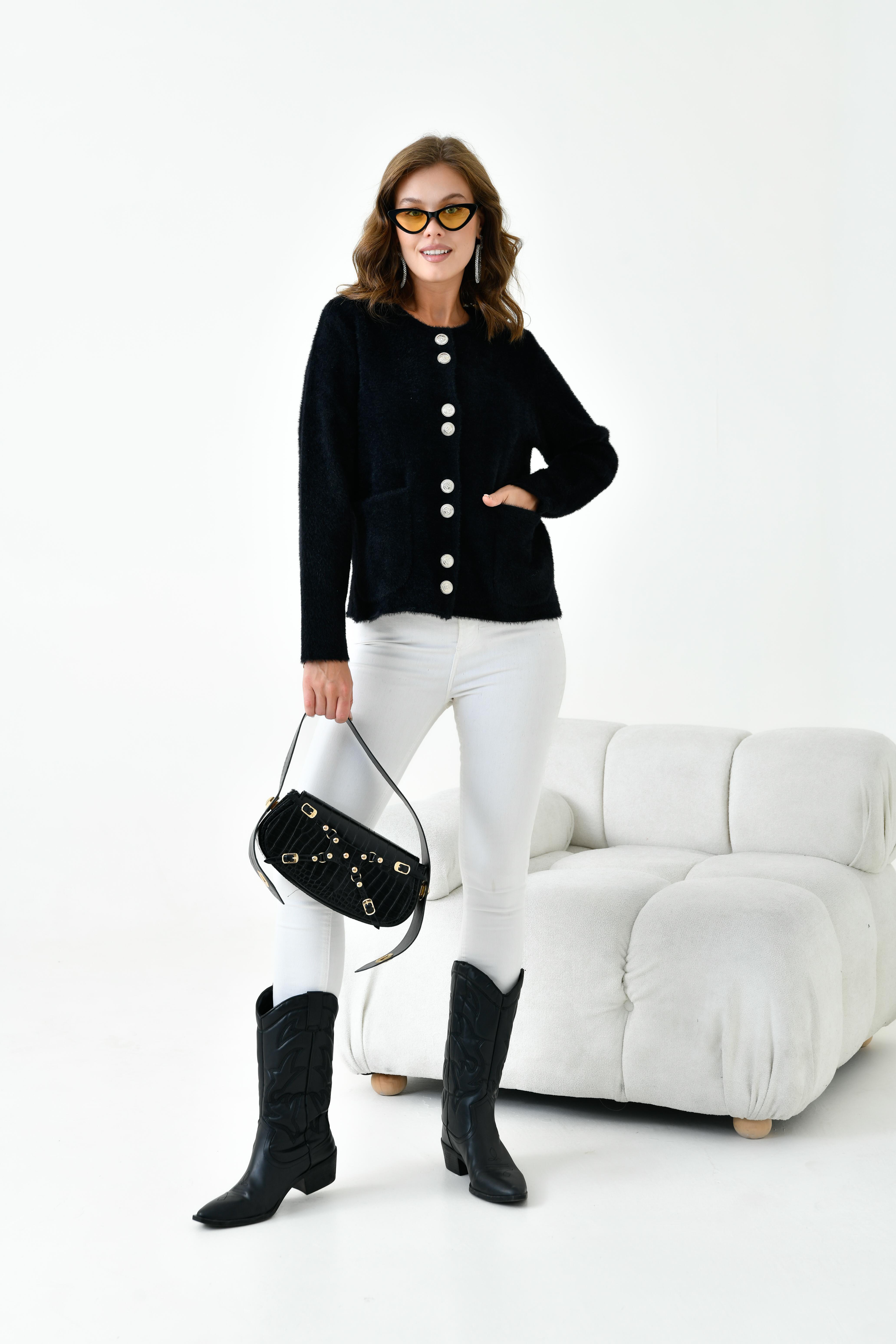 Ftz Kadın Düğme Detaylı Sakal Hırka Siyah 20843