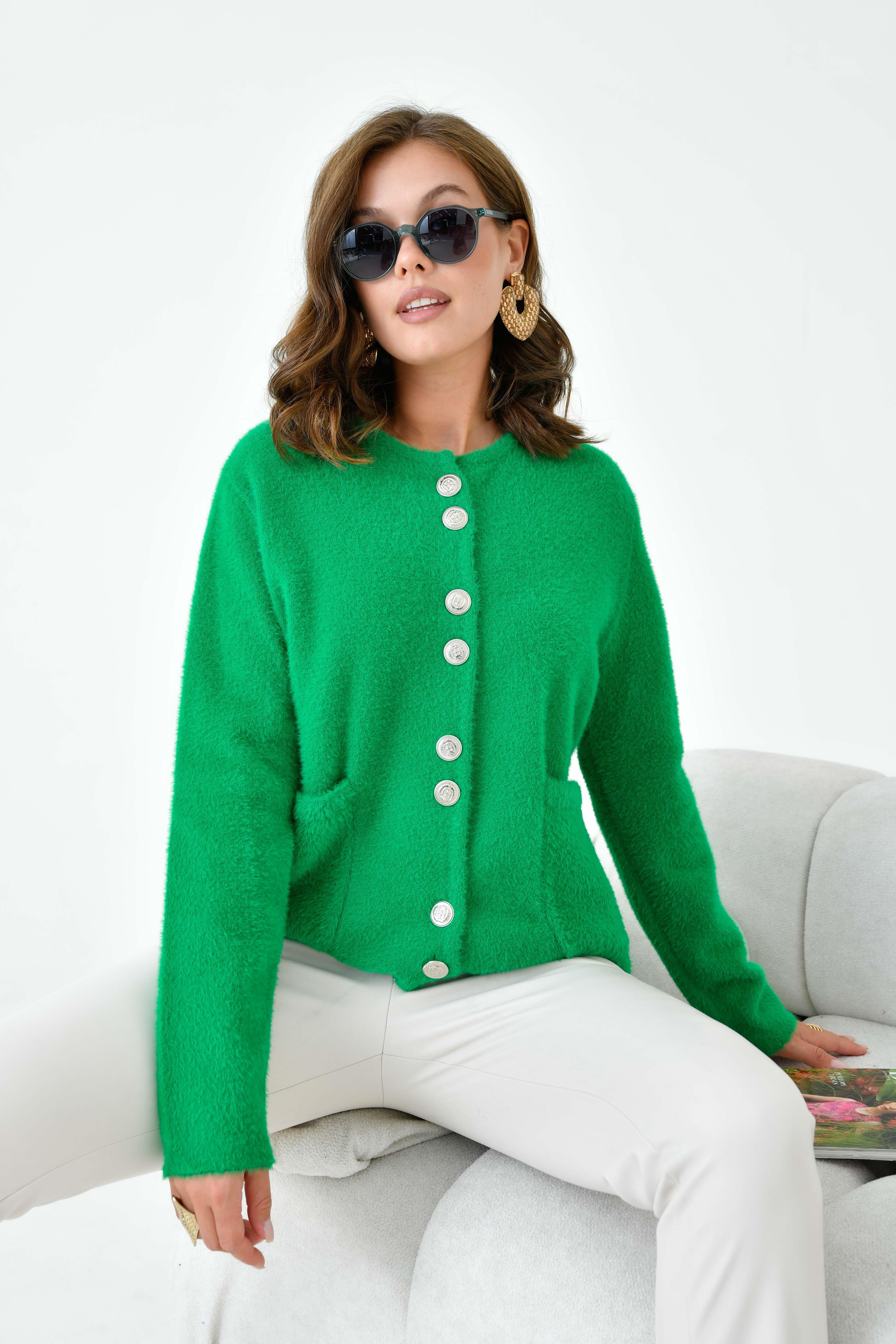 Ftz Kadın Düğme Detaylı Sakal Hırka Yeşil 20843