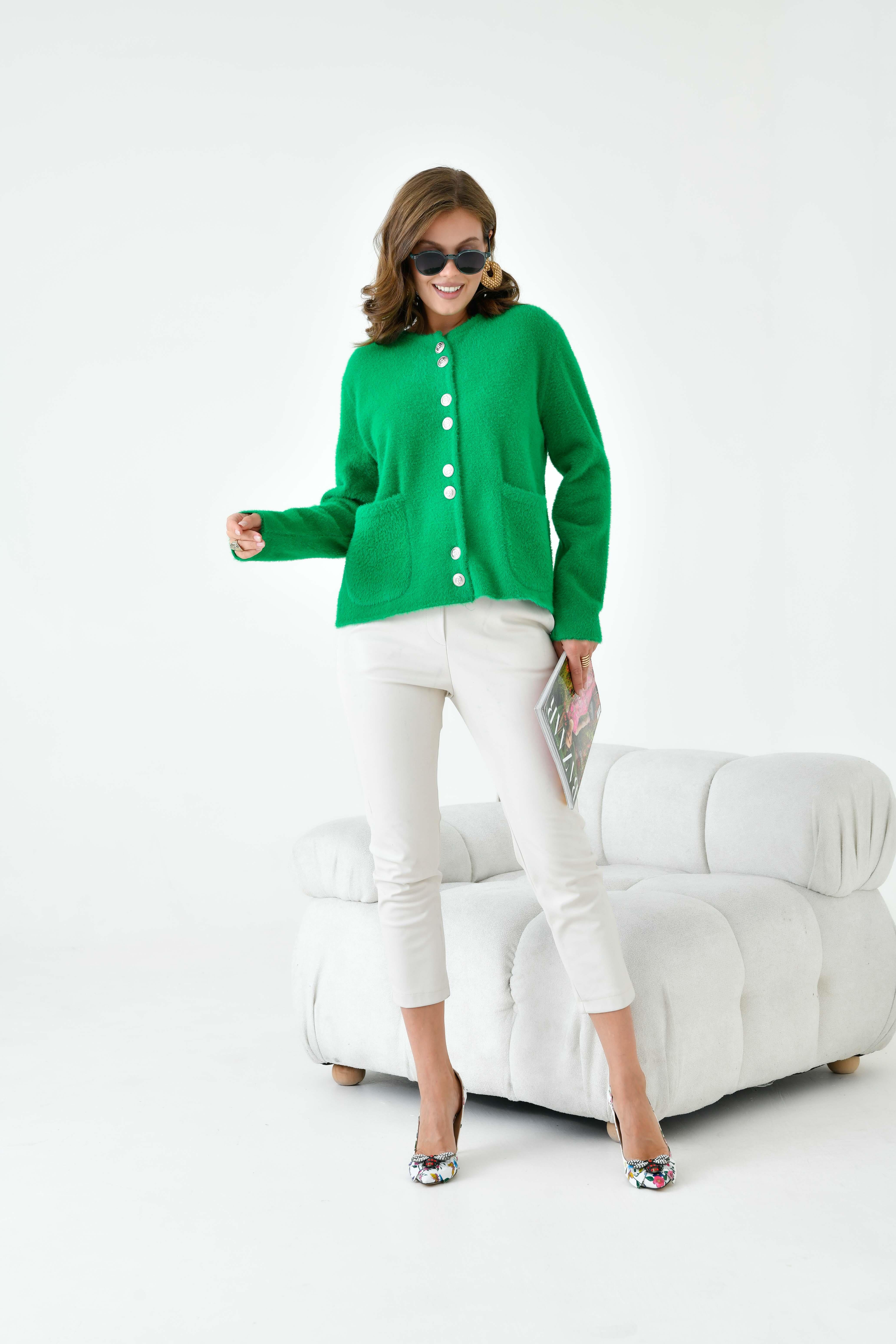 Ftz Kadın Düğme Detaylı Sakal Hırka Yeşil 20843