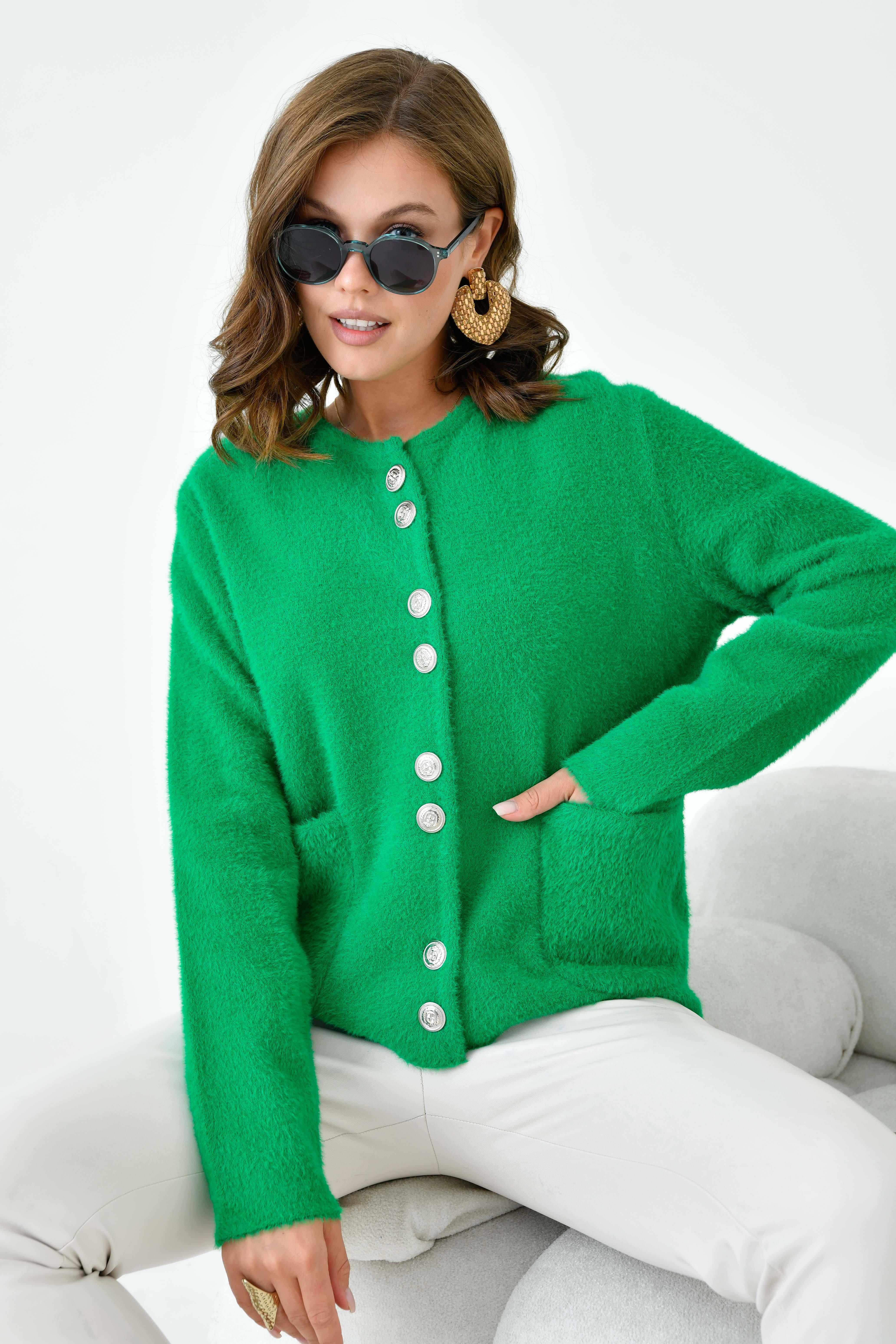 Ftz Kadın Düğme Detaylı Sakal Hırka Yeşil 20843