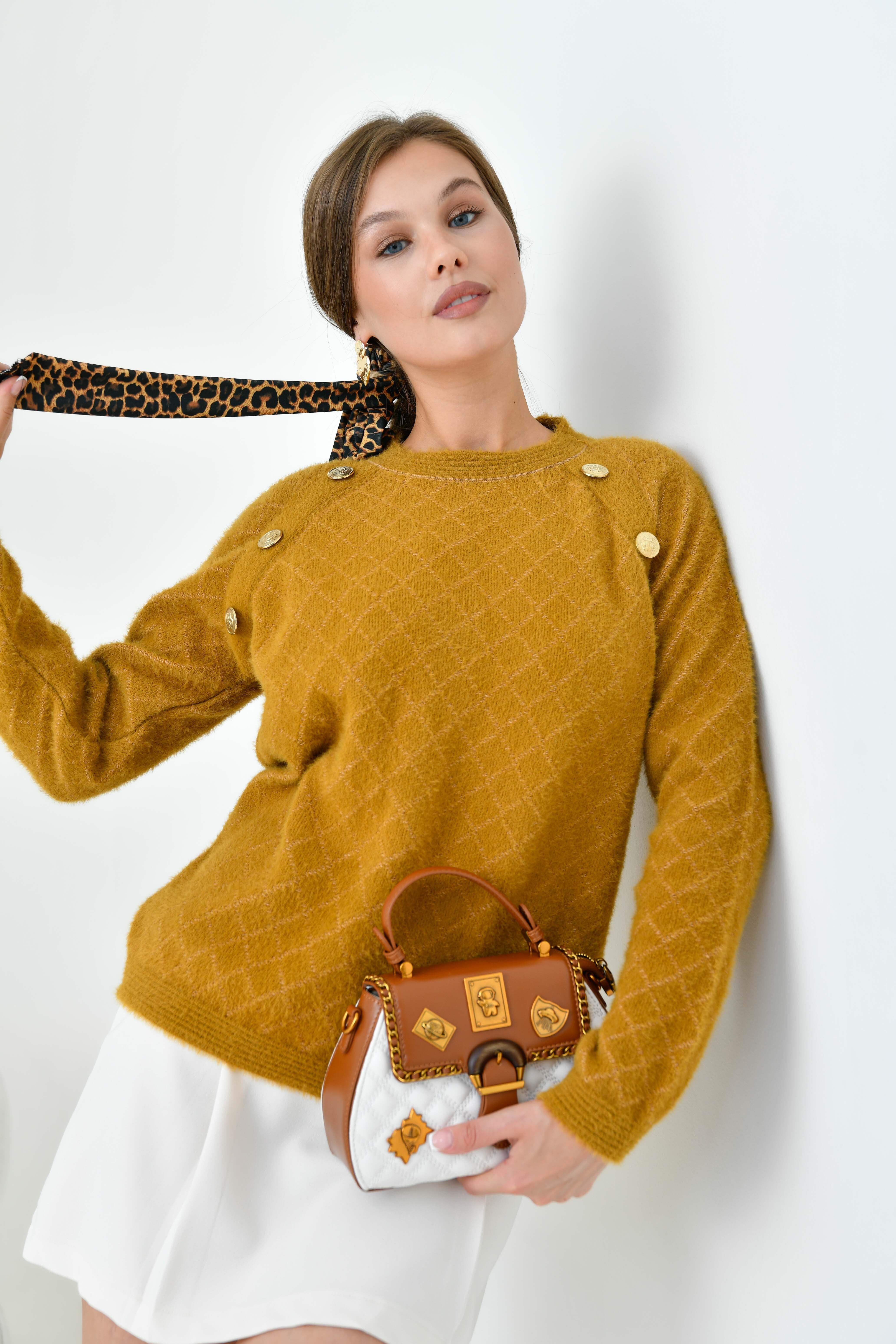 Ftz Kadın Gold Düğme Detaylı Bluz Hardal 20699