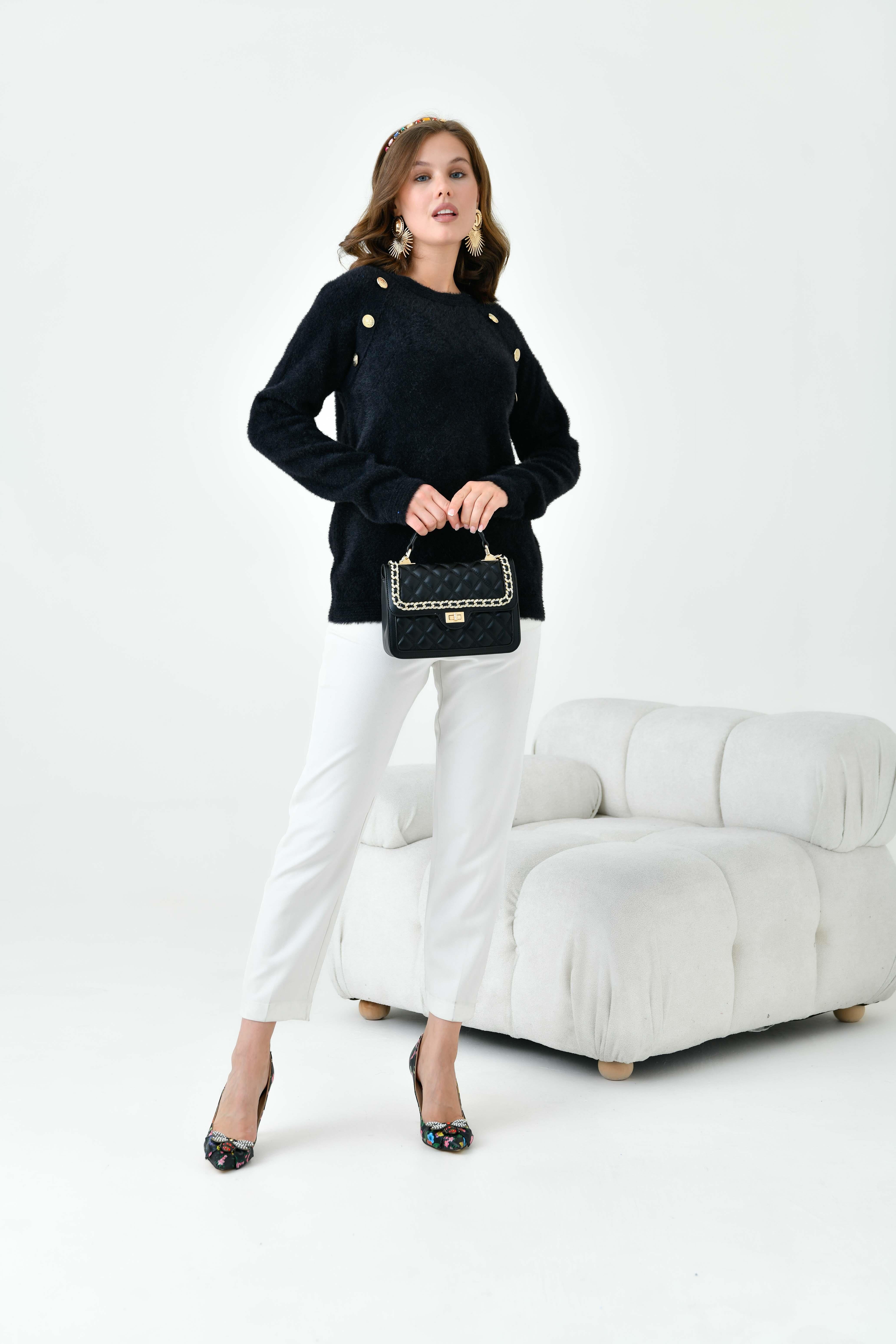 Ftz Kadın Gold Düğme Detaylı Bluz Siyah 20699