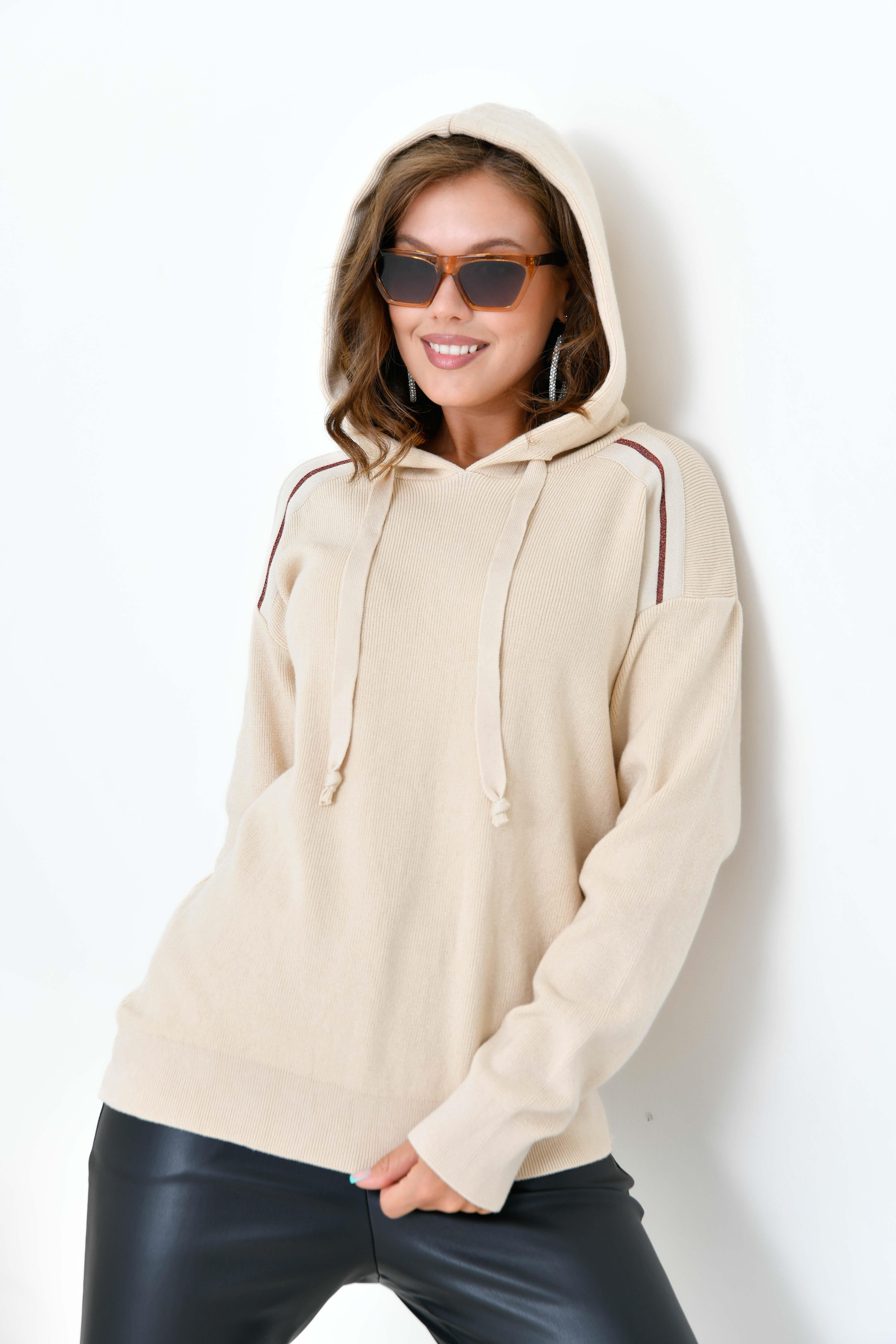 Ftz Kadın Kapüşonlu Kazak Bej 20753