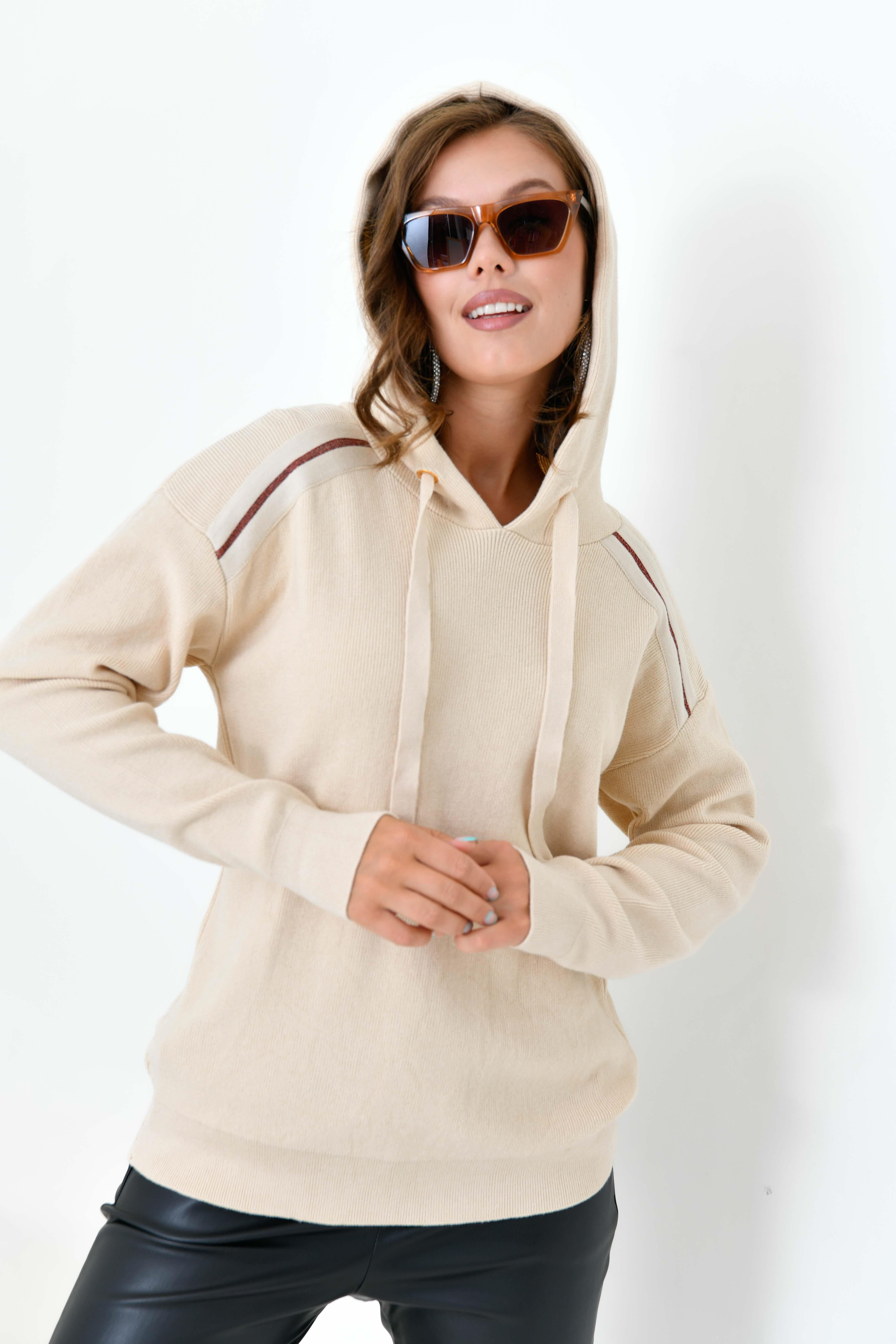 Ftz Kadın Kapüşonlu Kazak Bej 20753