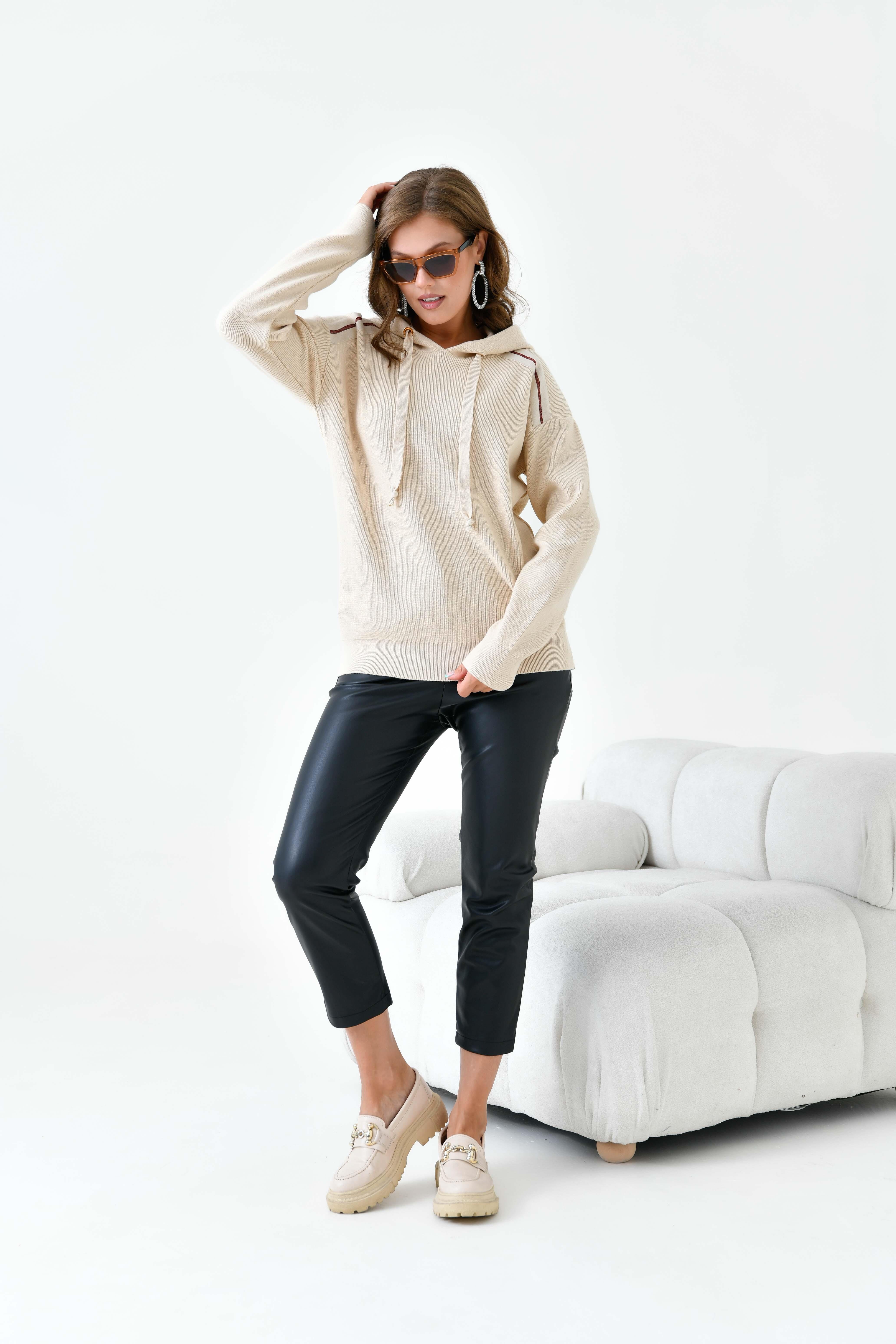 Ftz Kadın Kapüşonlu Kazak Bej 20753