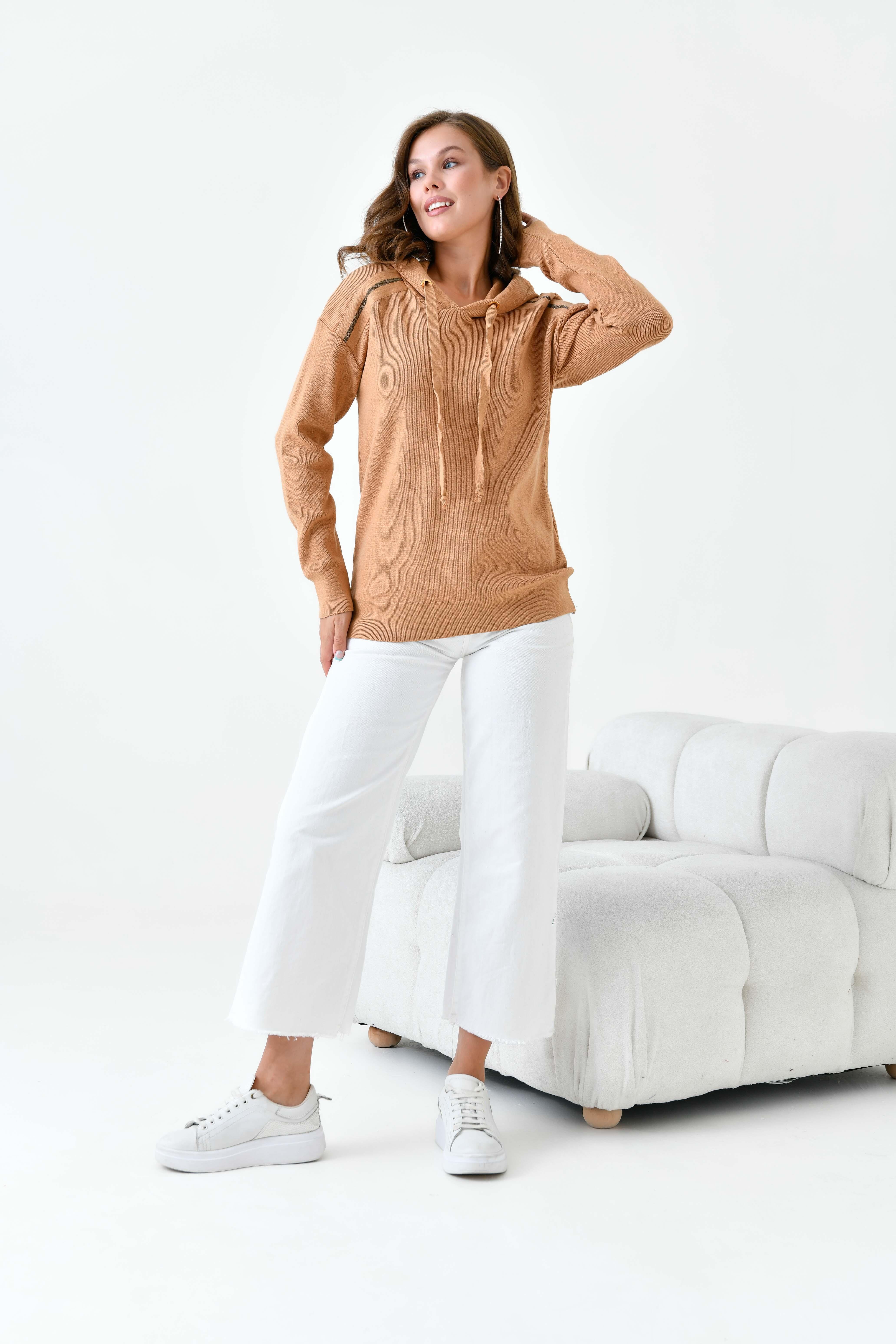 Ftz Kadın Kapüşonlu Kazak Bisküvi 20753