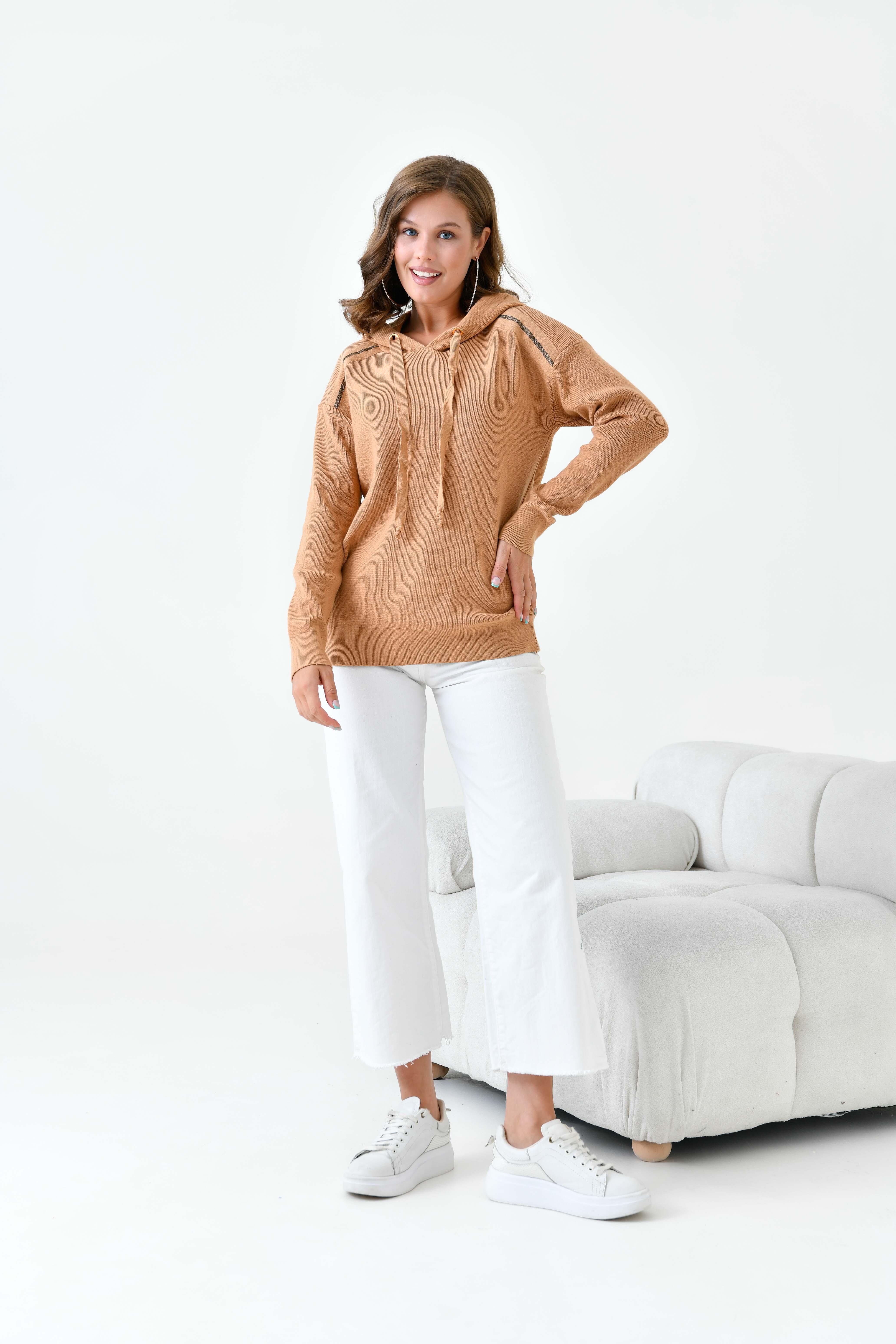 Ftz Kadın Kapüşonlu Kazak Bisküvi 20753