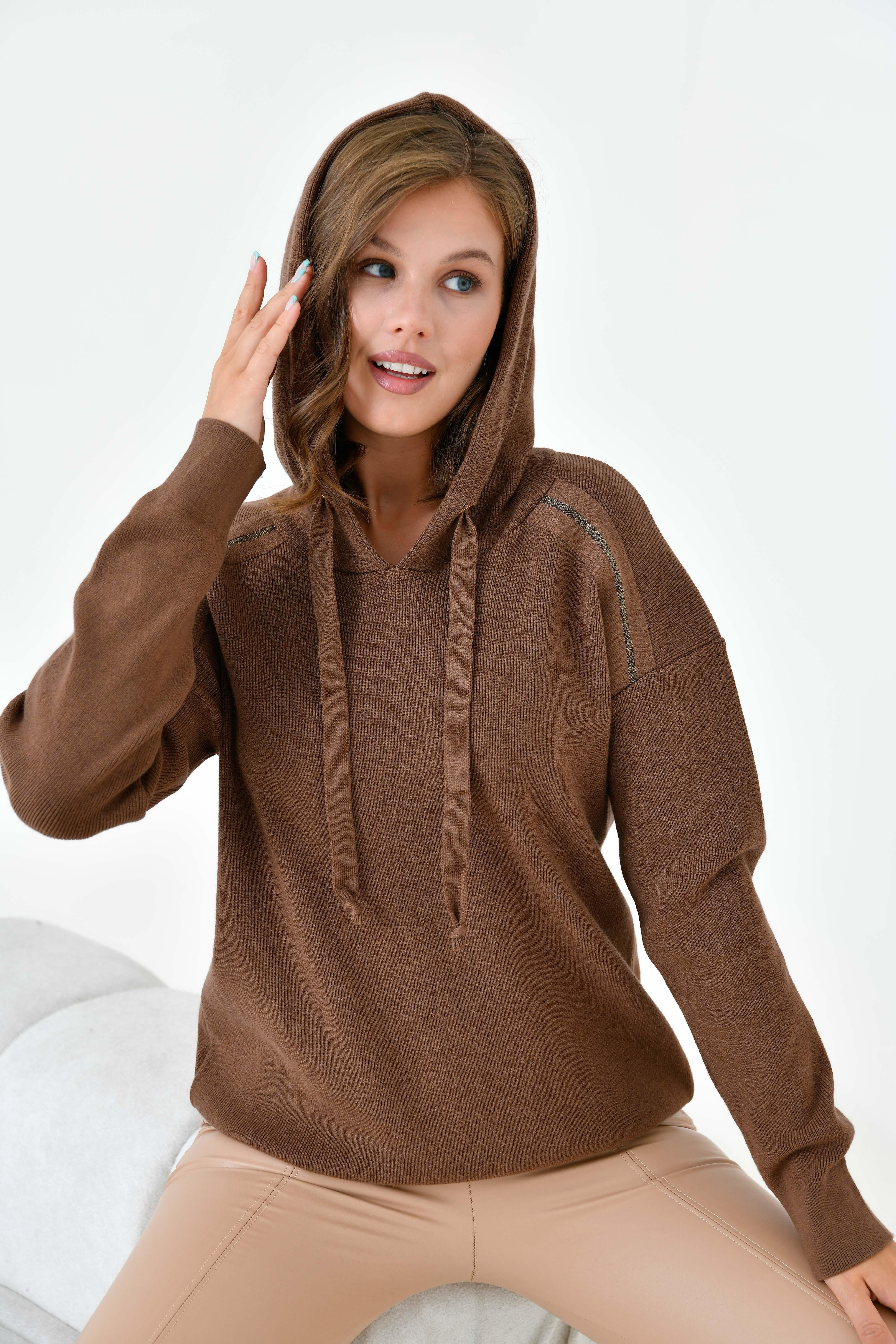 Ftz Kadın Kapüşonlu Kazak Kahve 20753