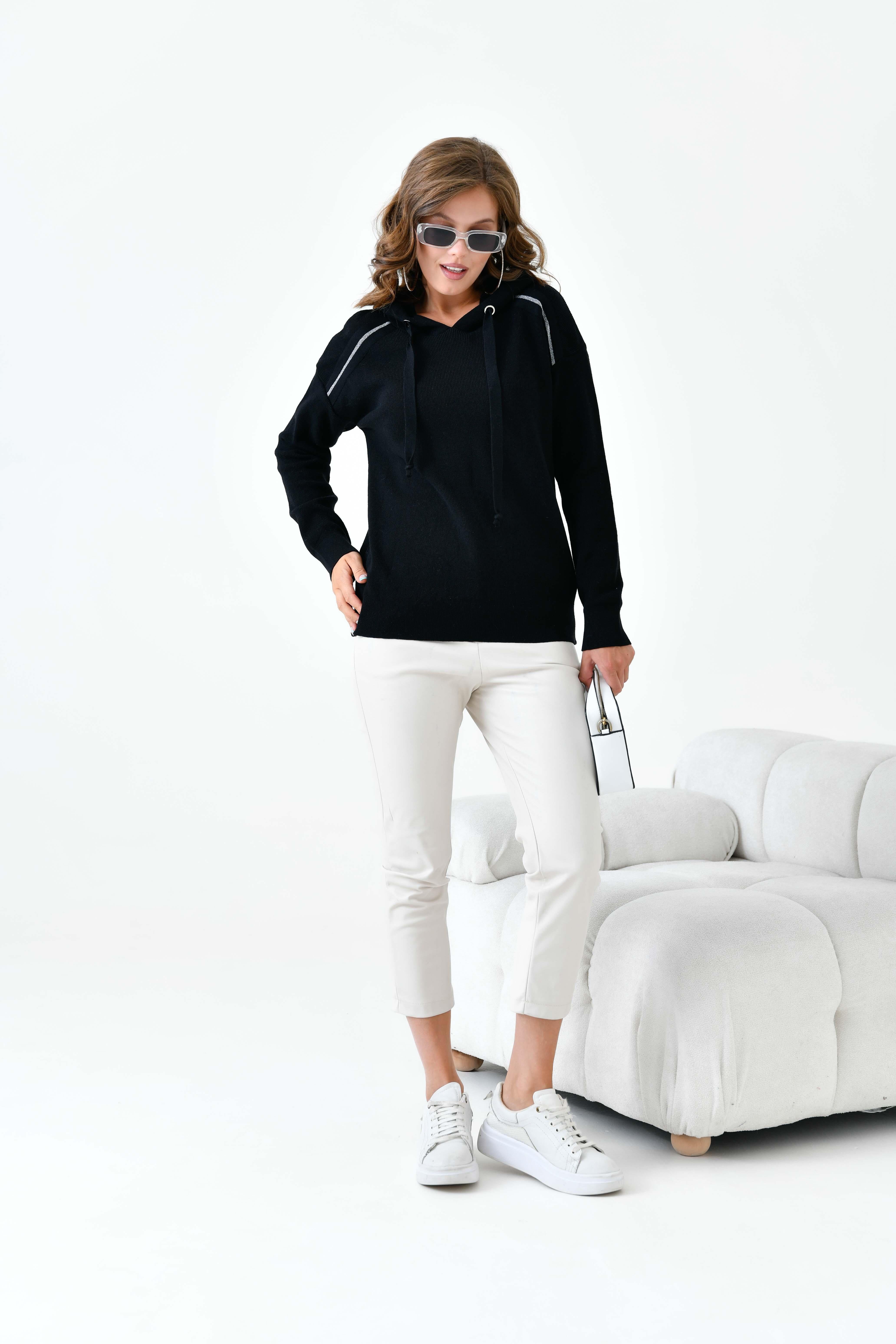 Ftz Kadın Kapüşonlu Kazak Siyah 20753