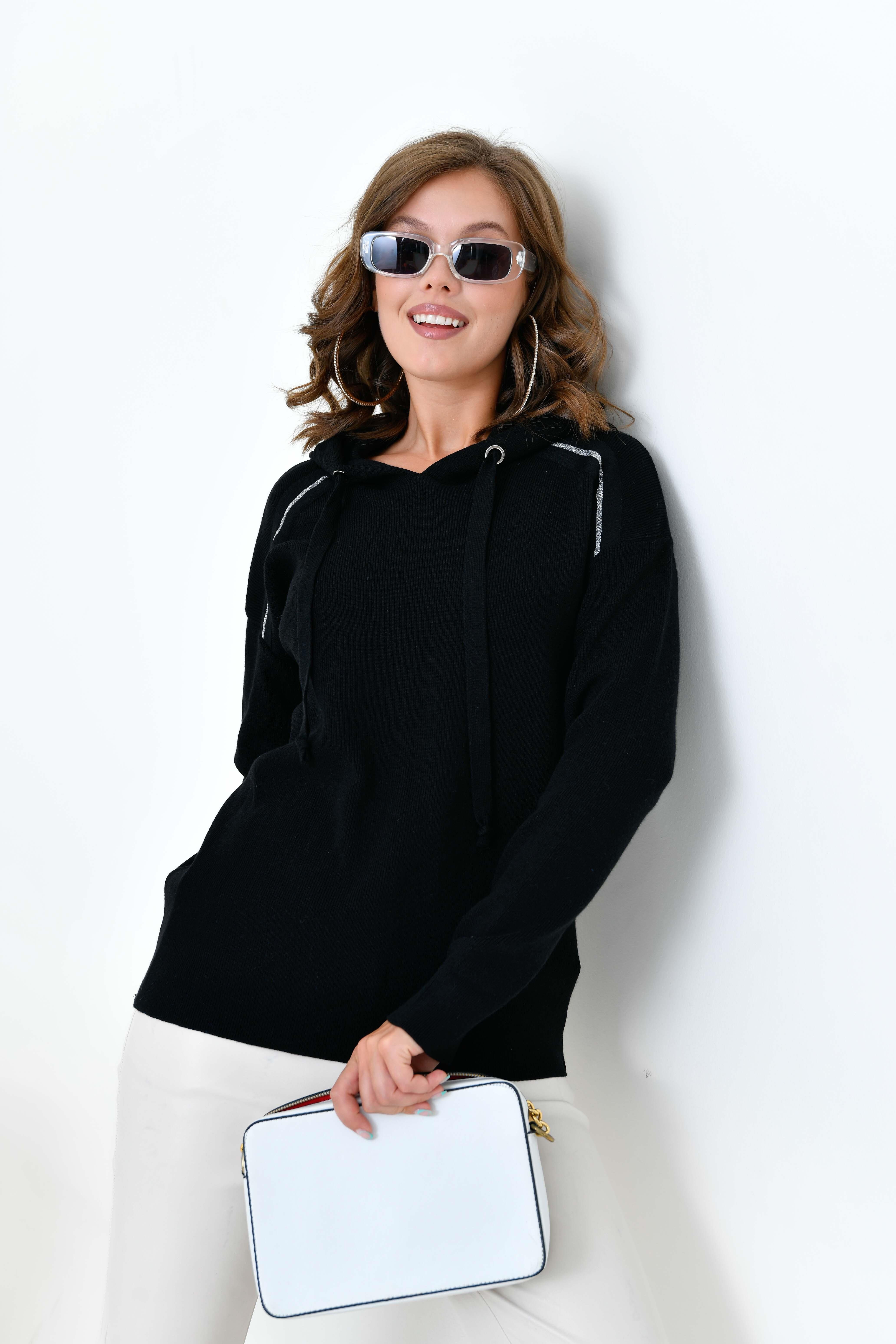 Ftz Kadın Kapüşonlu Kazak Siyah 20753