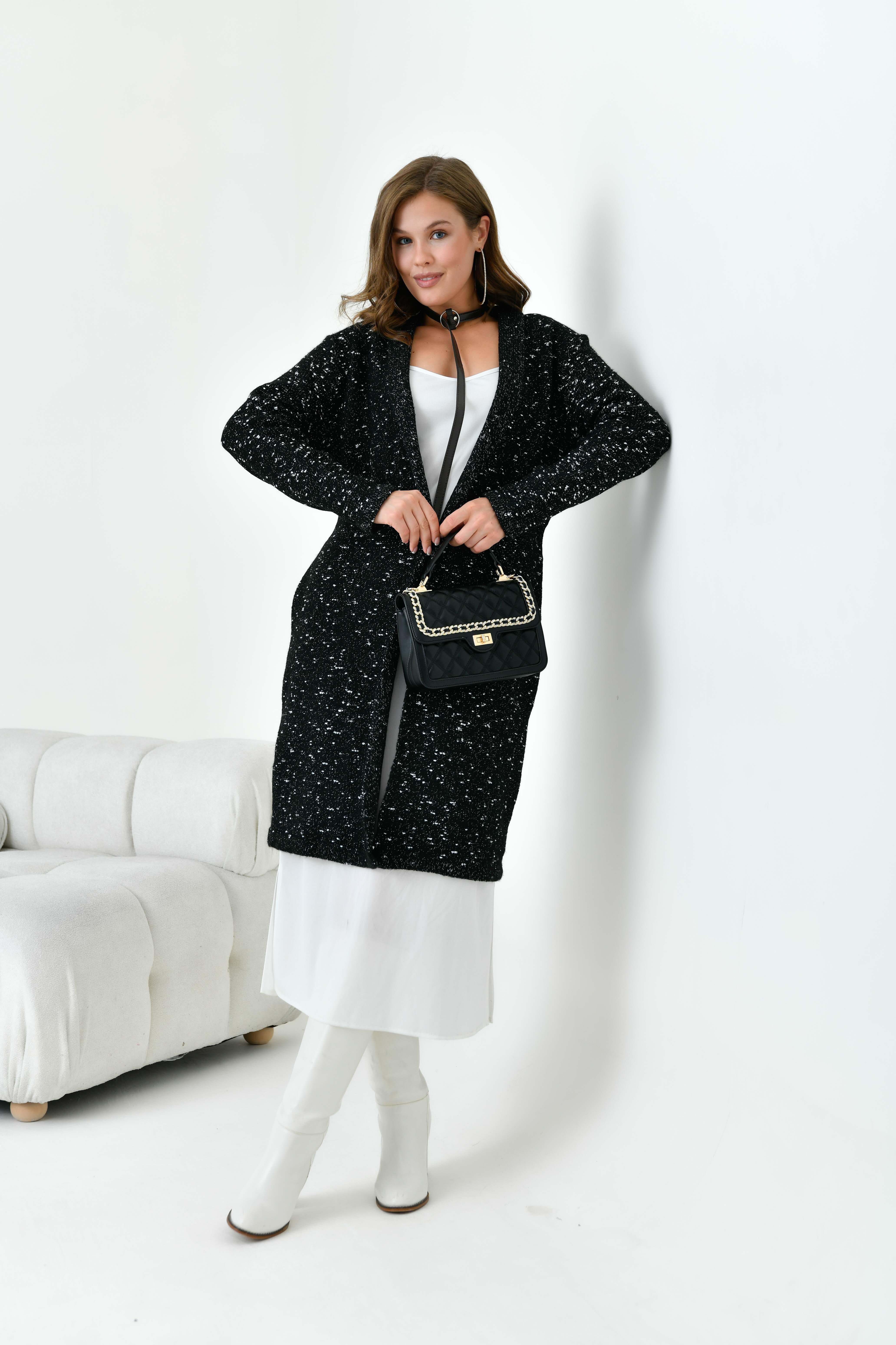 Ftz Kadın Kendinden Kemerli Uzun Hırka Siyah 20737