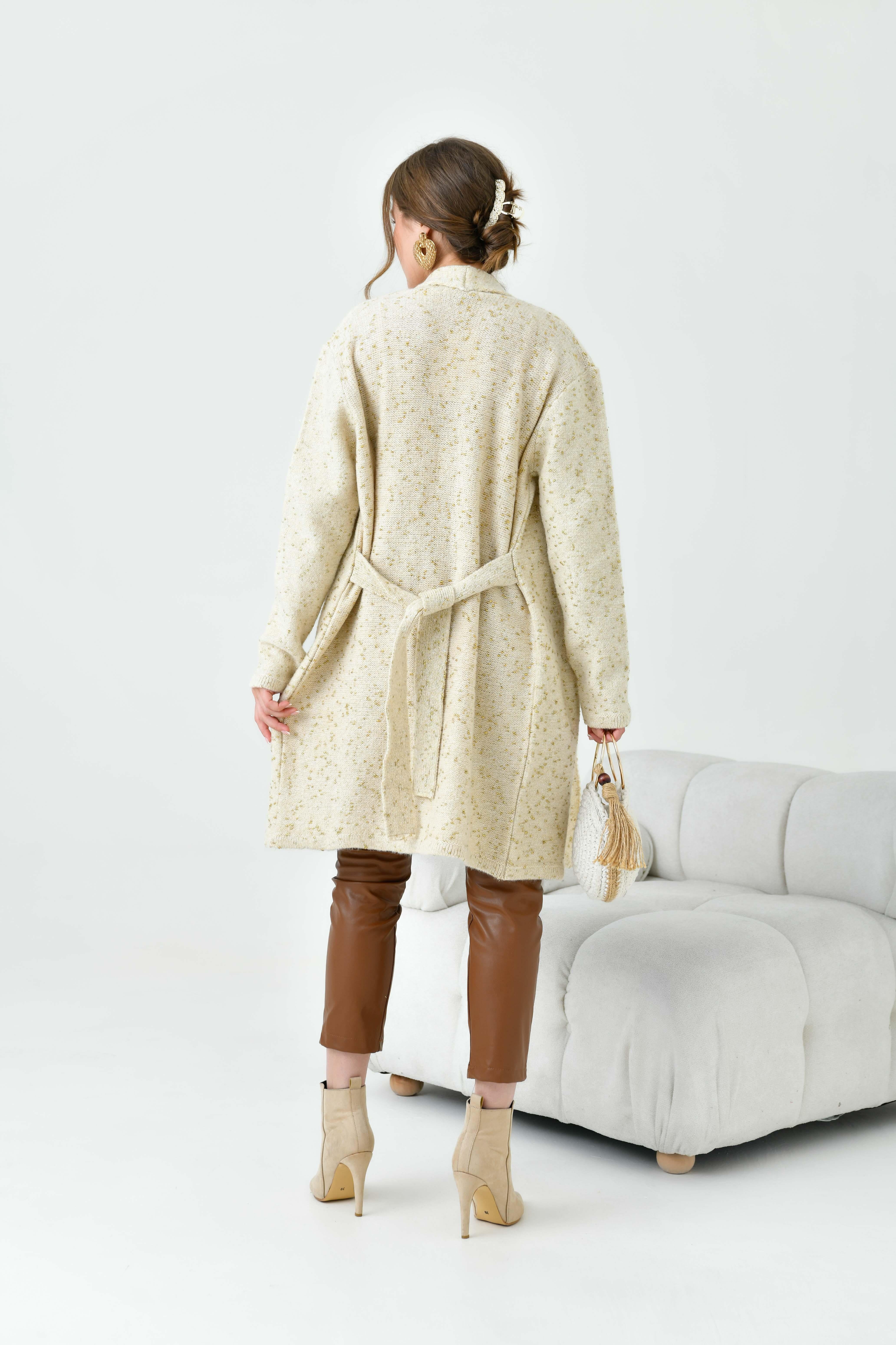 Ftz Kadın Kendinden Kemerli Uzun Hırka Taş 20737