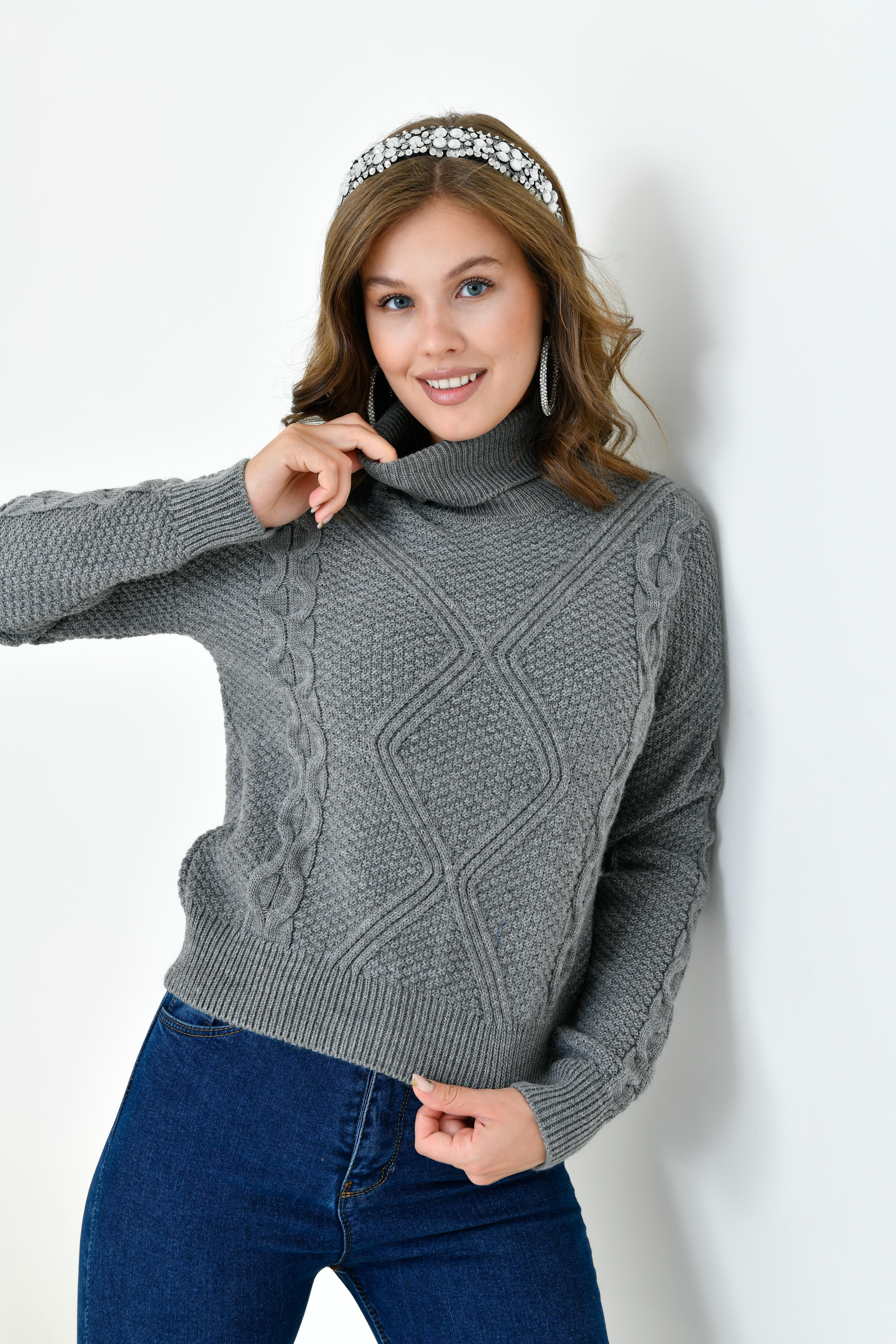 Ftz Kadın Pirinç Örgü Kazak Gri 20909