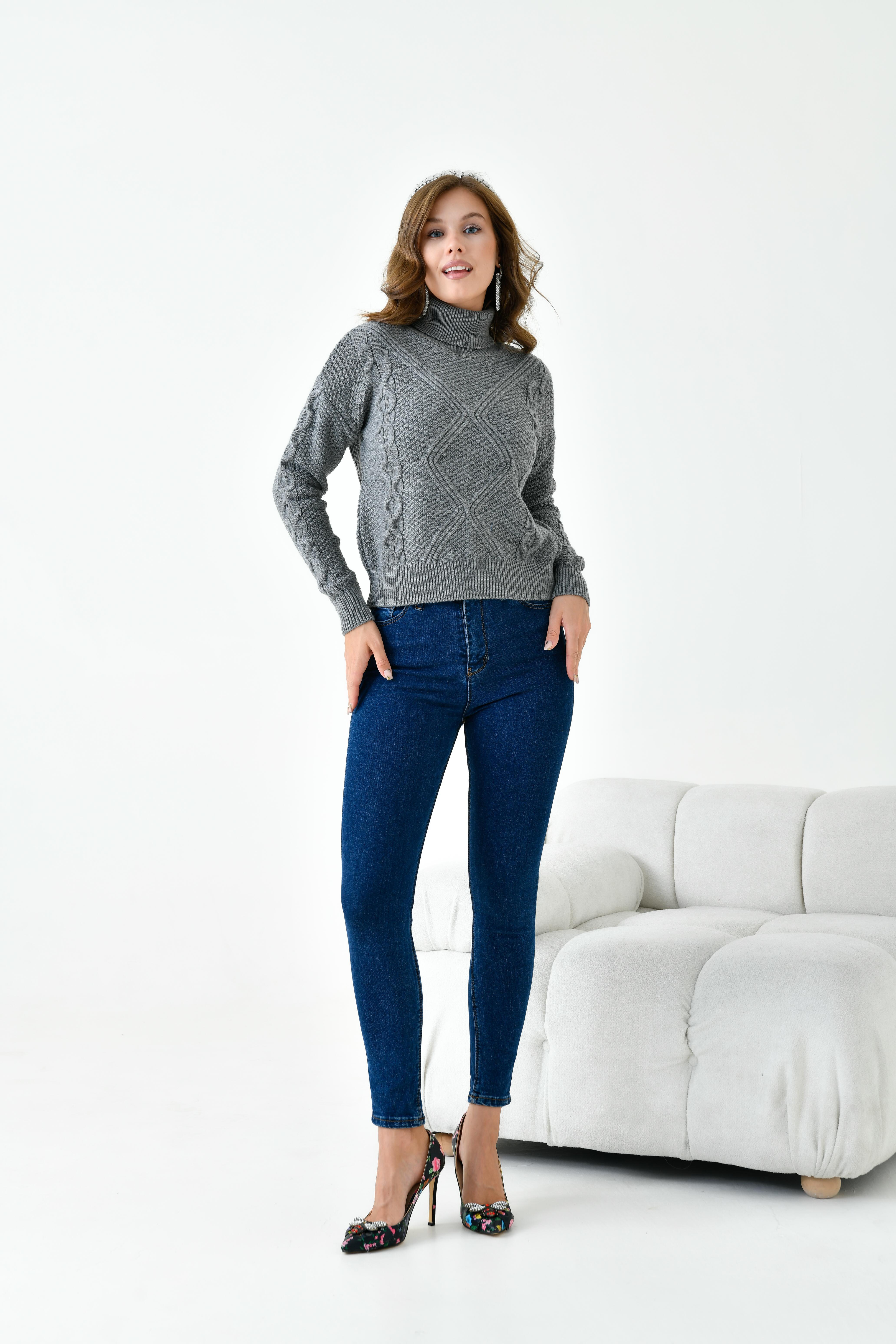 Ftz Kadın Pirinç Örgü Kazak Gri 20909