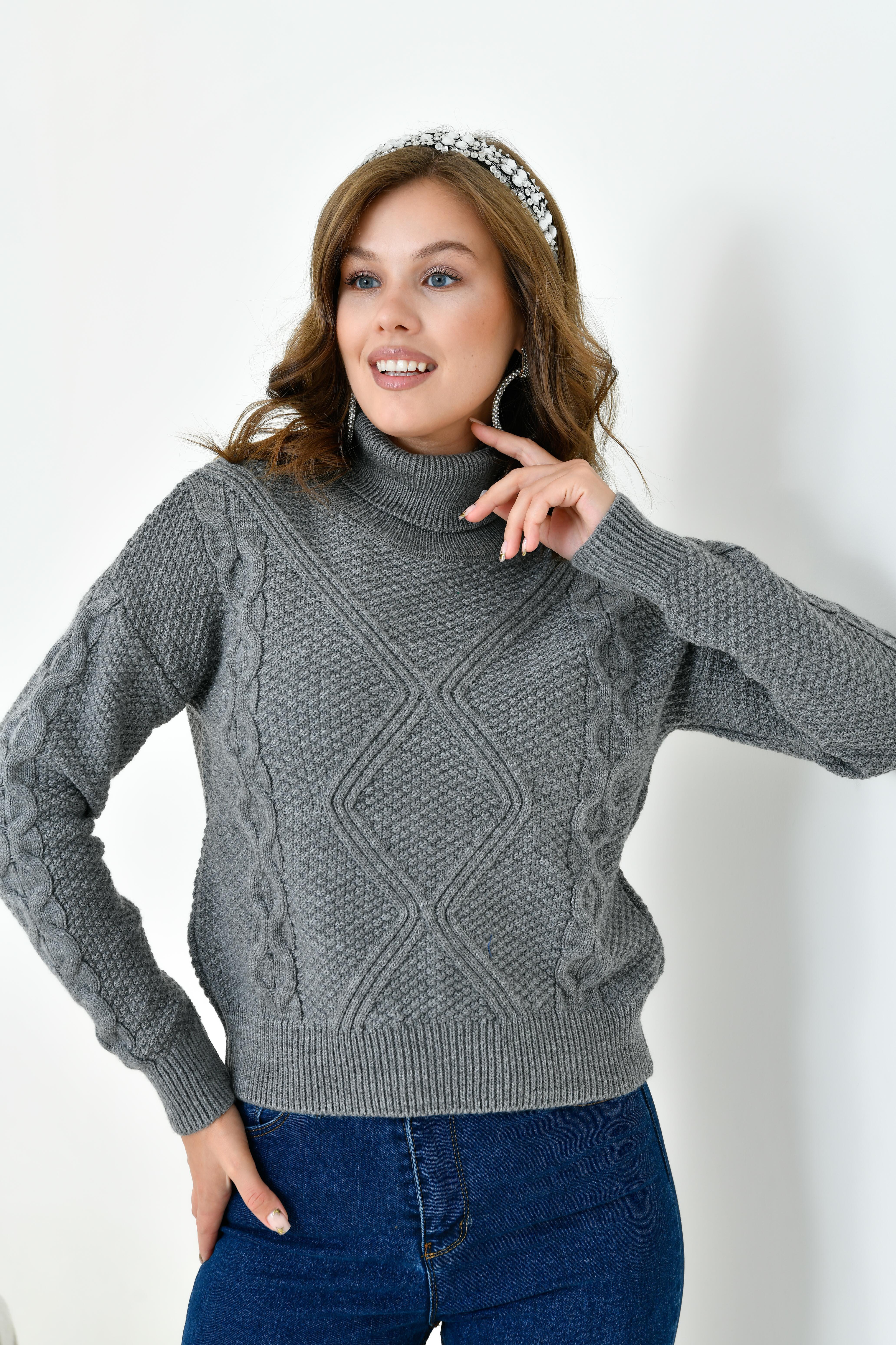 Ftz Kadın Pirinç Örgü Kazak Gri 20909