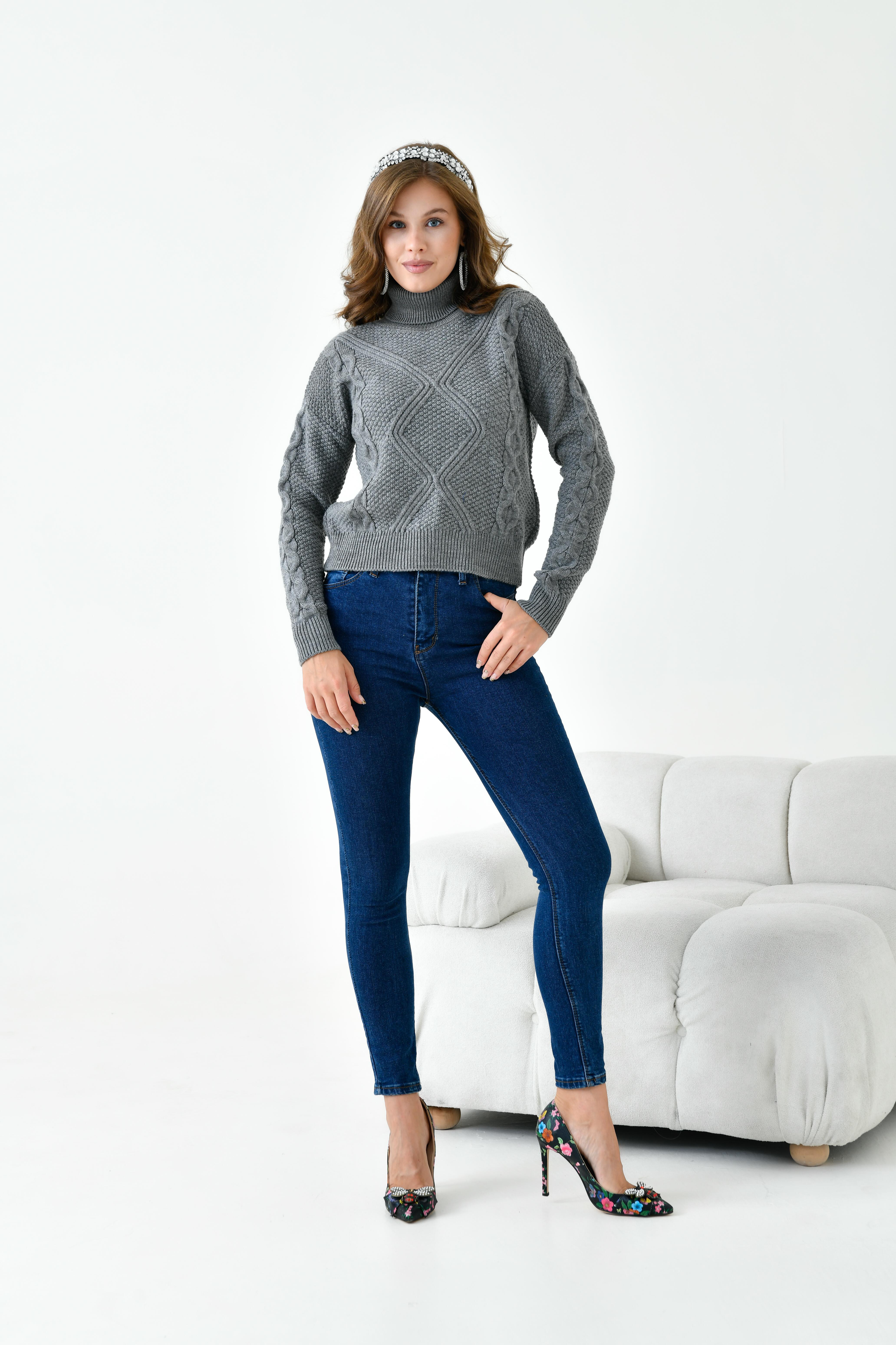 Ftz Kadın Pirinç Örgü Kazak Gri 20909