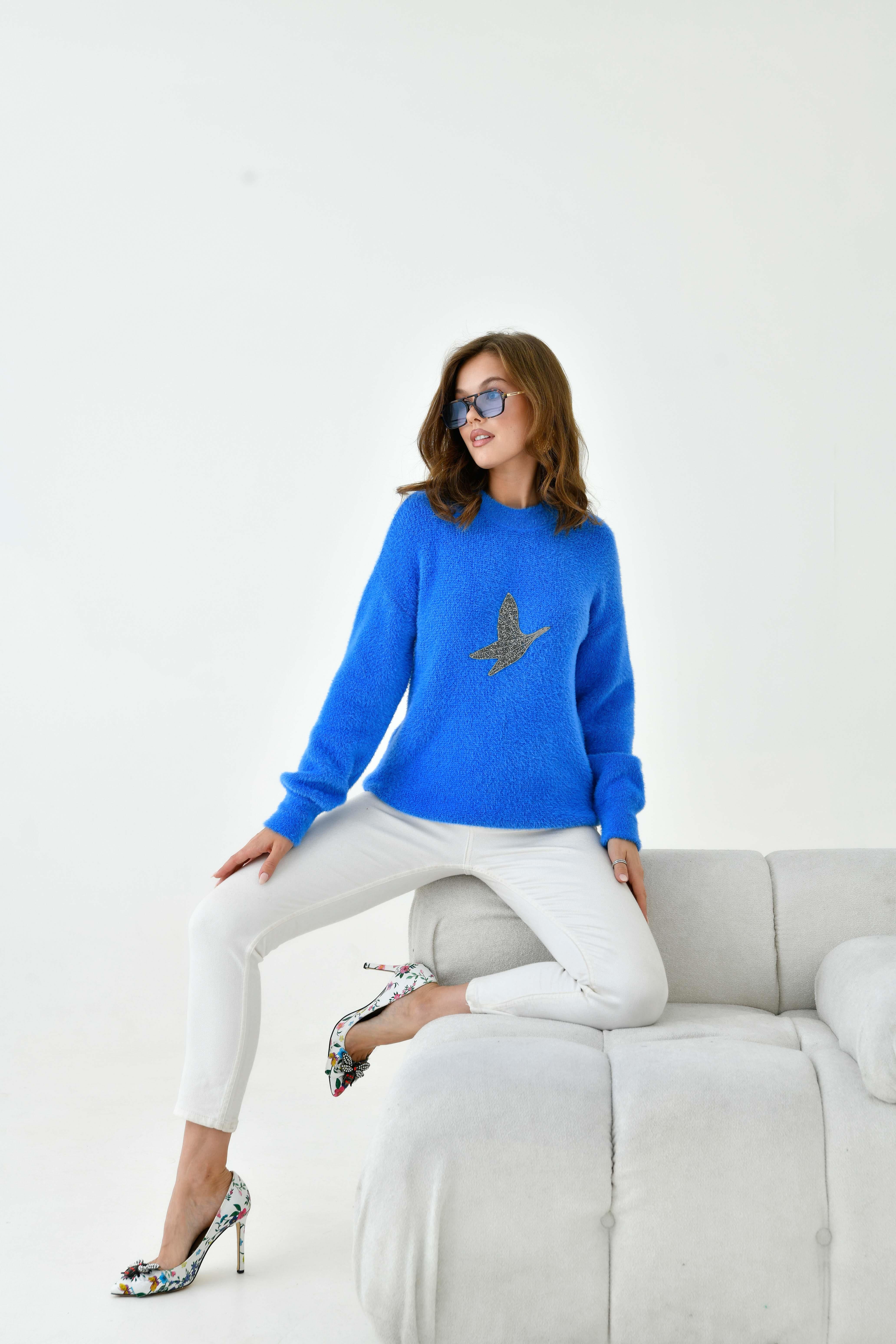 Ftz Kadın Taş Detaylı Kazak Saks Mavi 20828