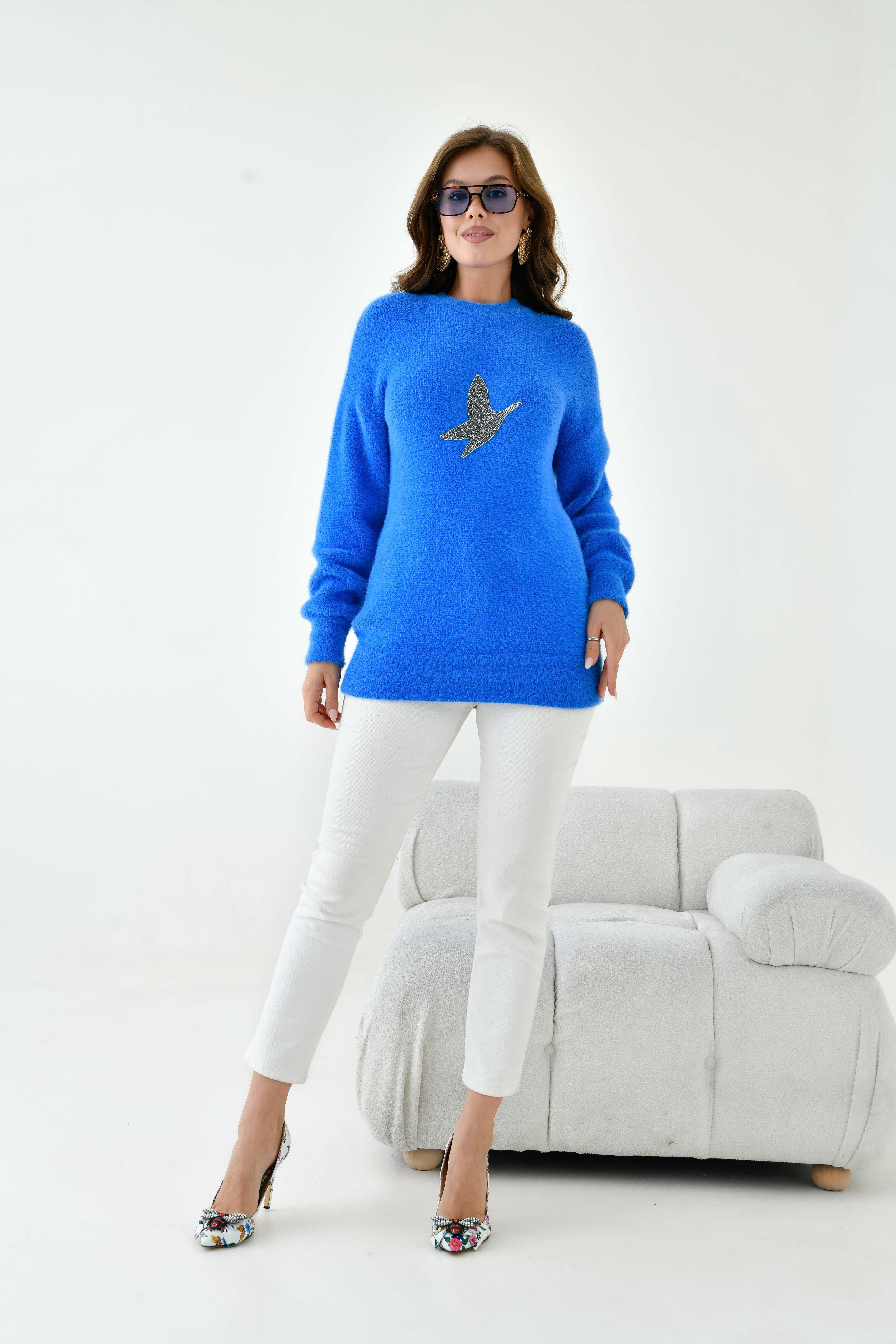 Ftz Kadın Taş Detaylı Kazak Saks Mavi 20828