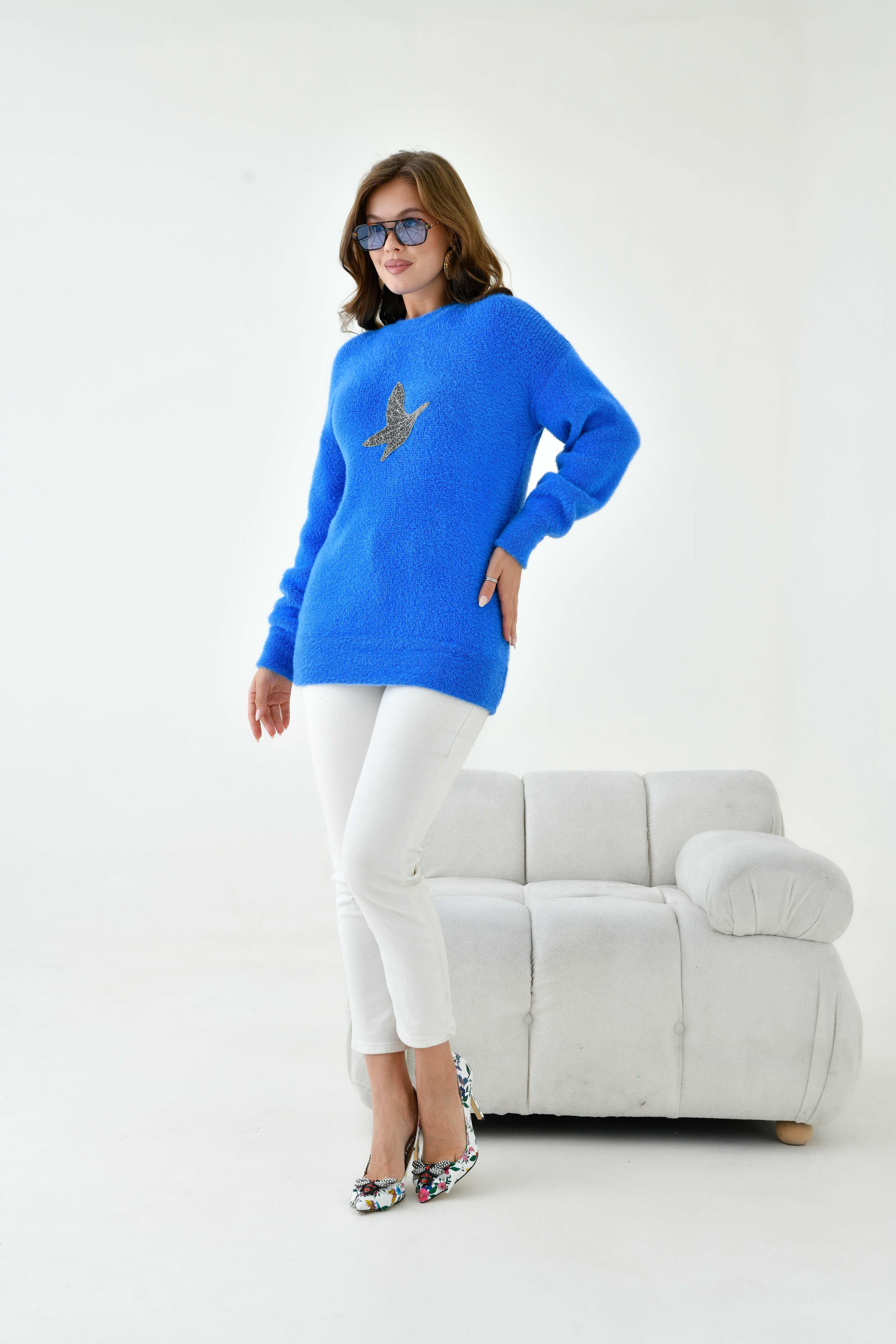 Ftz Kadın Taş Detaylı Kazak Saks Mavi 20828