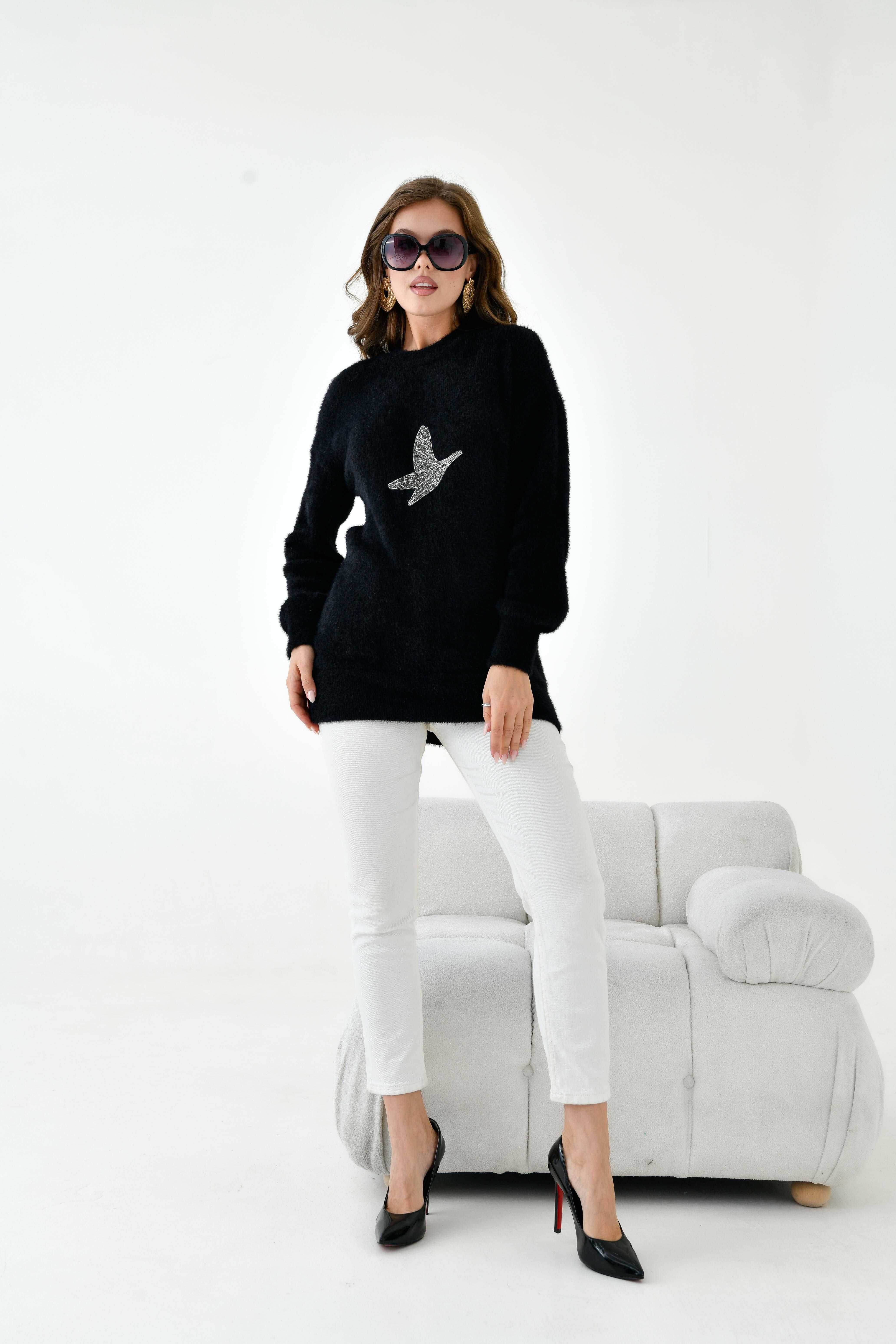 Ftz Kadın Taş Detaylı Kazak Siyah 20828