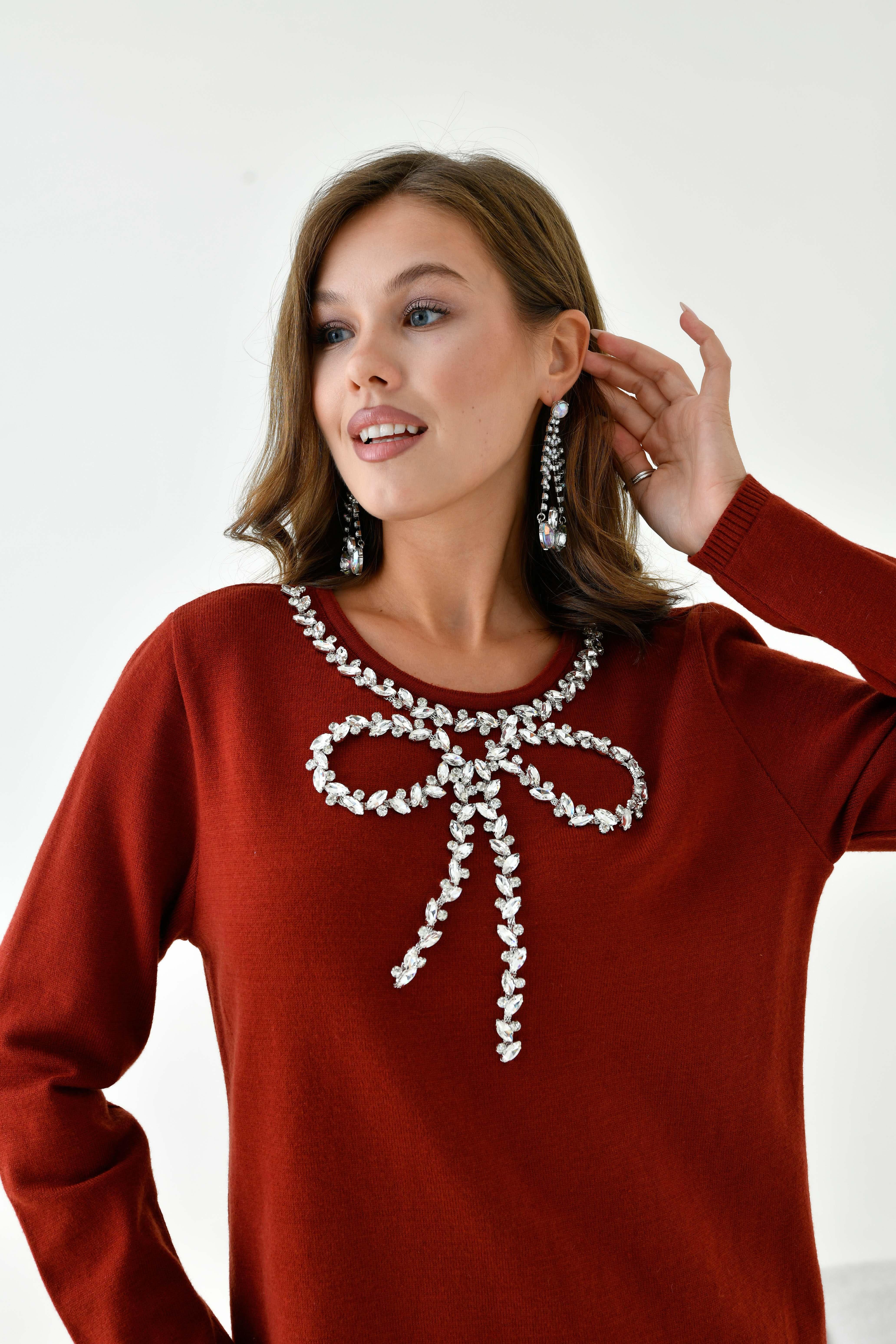 Ftz  Kadın Taş Detaylı Tunik Kiremit 20894